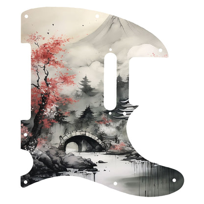 Egyedi Fender Telecaster gitár koptató japán cseresznyefával, kőhíddal és hegyekkel a ködös tájban