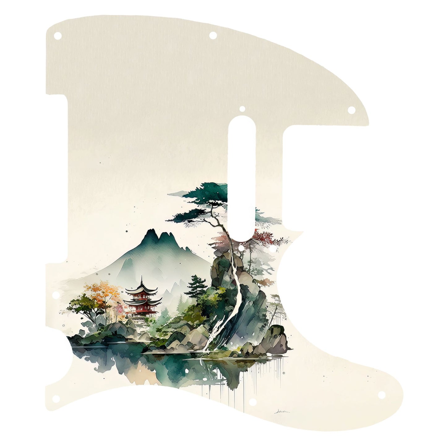 Egyedi Fender Telecaster gitár koptató hegyekkel, tóparti pagodával és színes lombú fákkal a nyugodt tájban