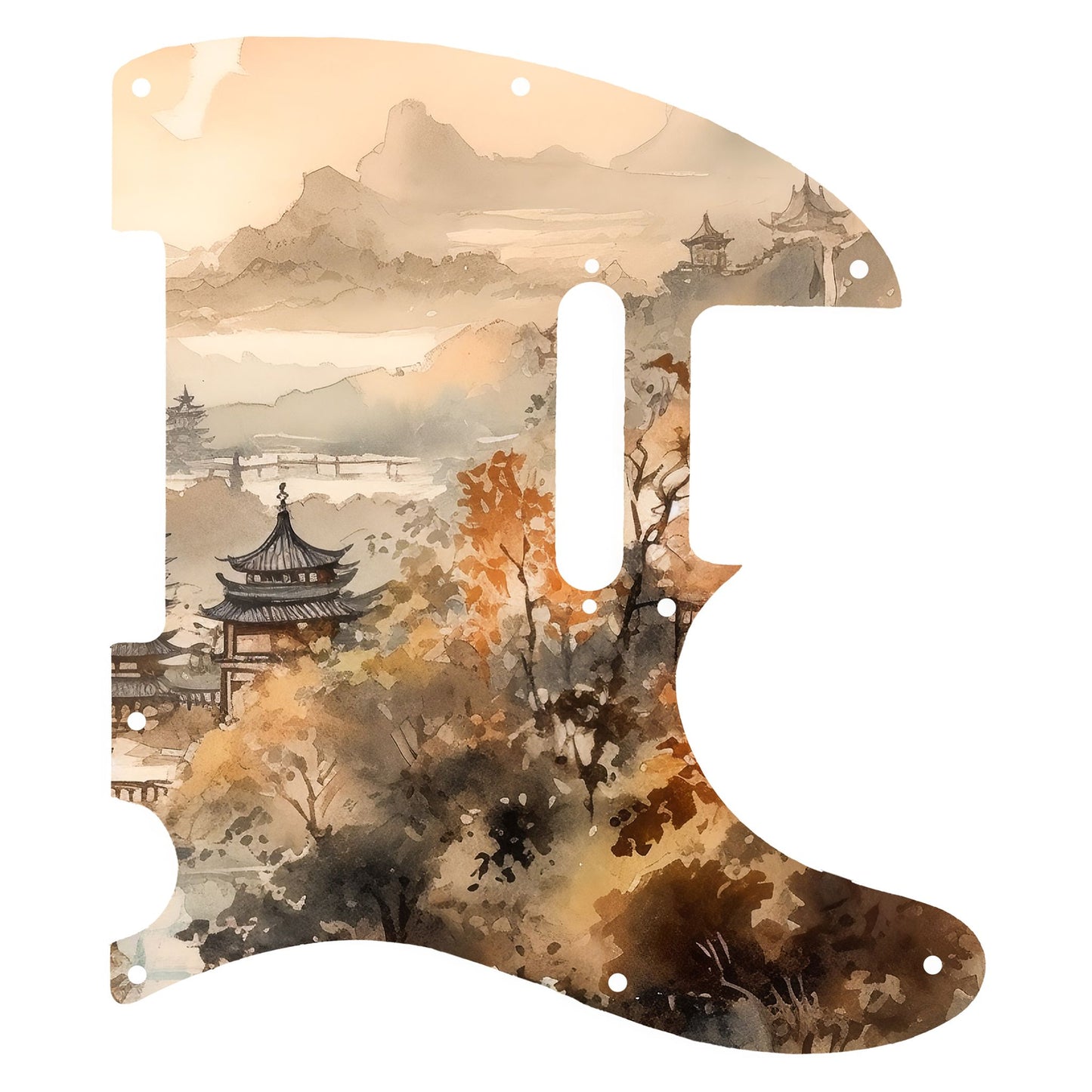 Egyedi Fender Telecaster gitár koptató őszi színekben pompázó fákkal, hagyományos pagodákkal és ködbe burkolózó hegyekkel