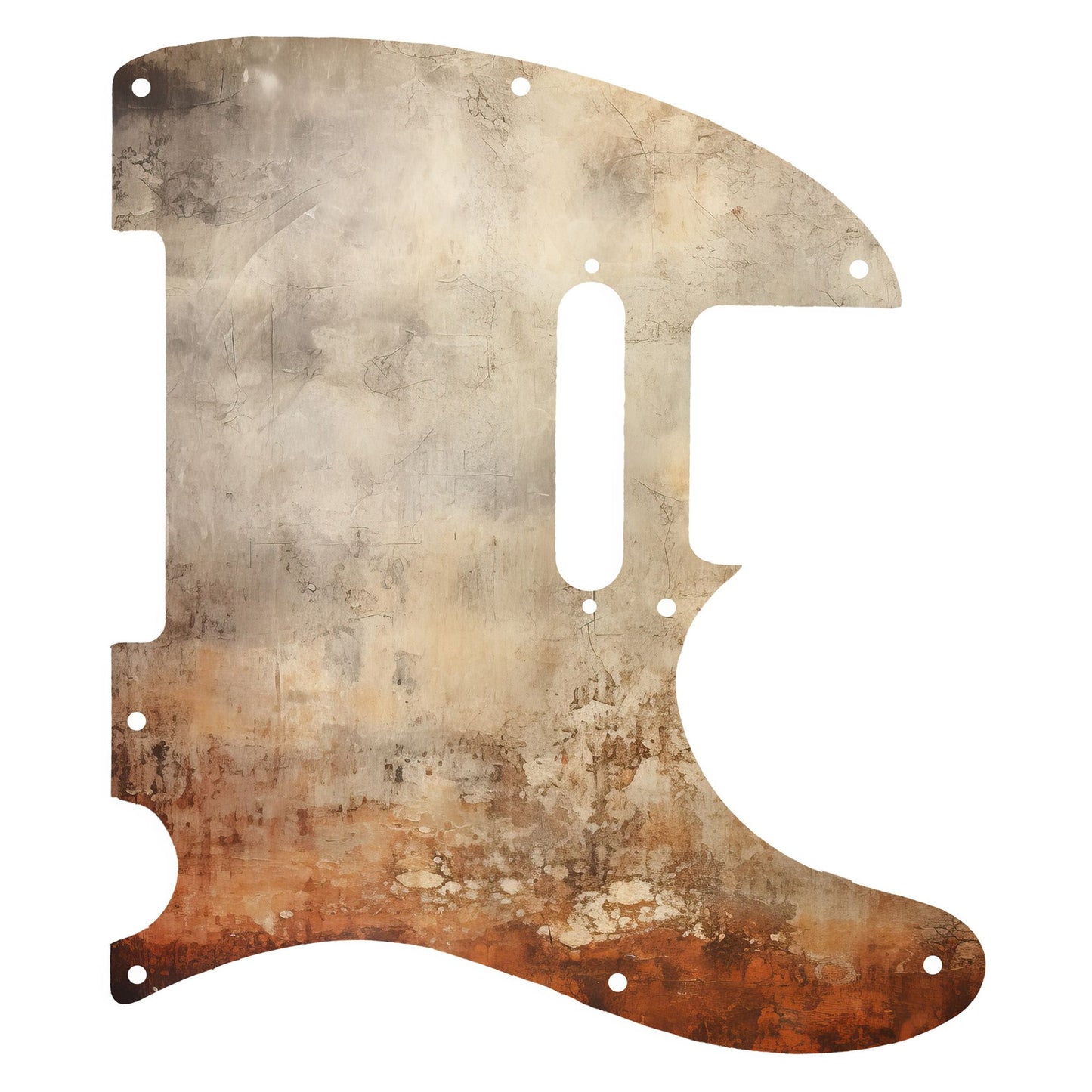 Egyedi Fender Telecaster gitár koptató rozsdásodó fémhatással, fakó bézs tónusokkal és mély narancsos oxidált foltokkal