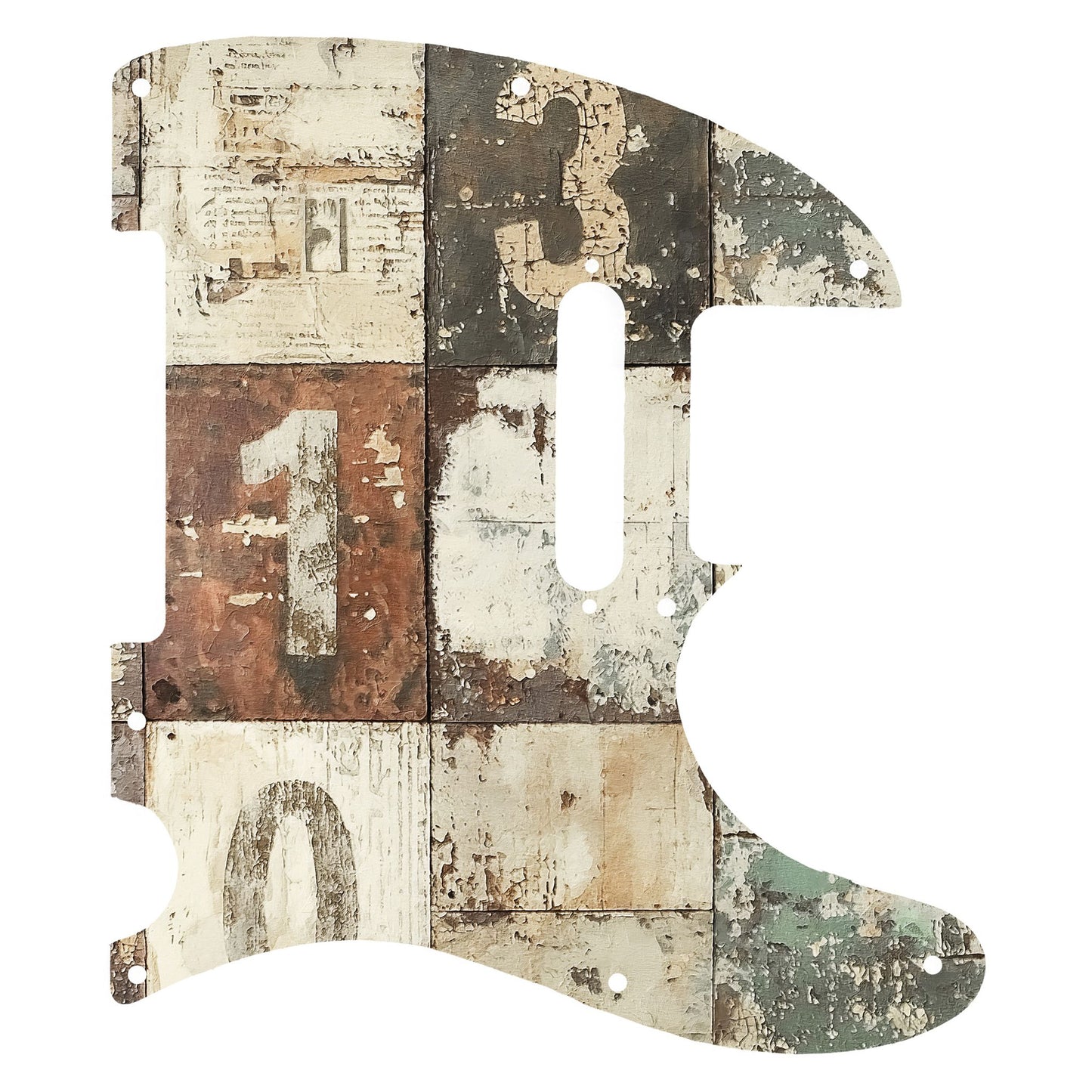 Vintage stílusú Telecaster gitárkoptató kopott számos mintával, egyedi gitárokhoz ideális.