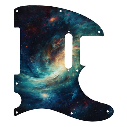 Egyedi Fender Telecaster gitár koptató örvénylő galaxis mintázattal, mélykék és arany árnyalatokkal, valamint szórtan ragyogó csillagokkal