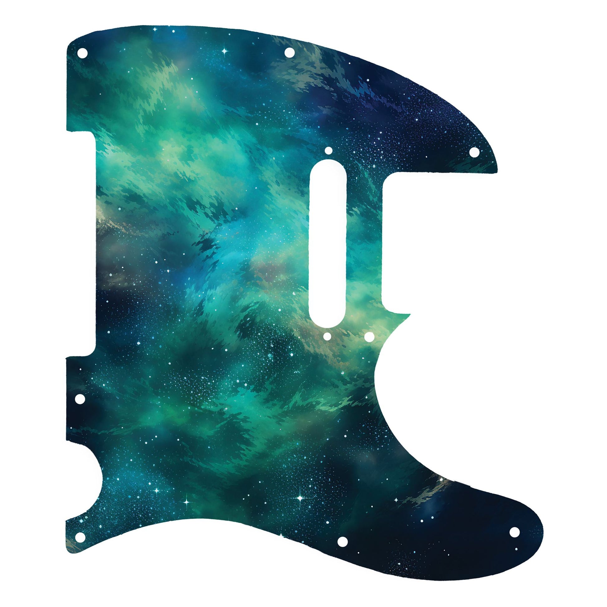 Egyedi Fender Telecaster gitár koptató élénk zöldes-kék galaxis mintázattal, kavargó ködfelhőkkel és szórtan ragyogó csillagokkal