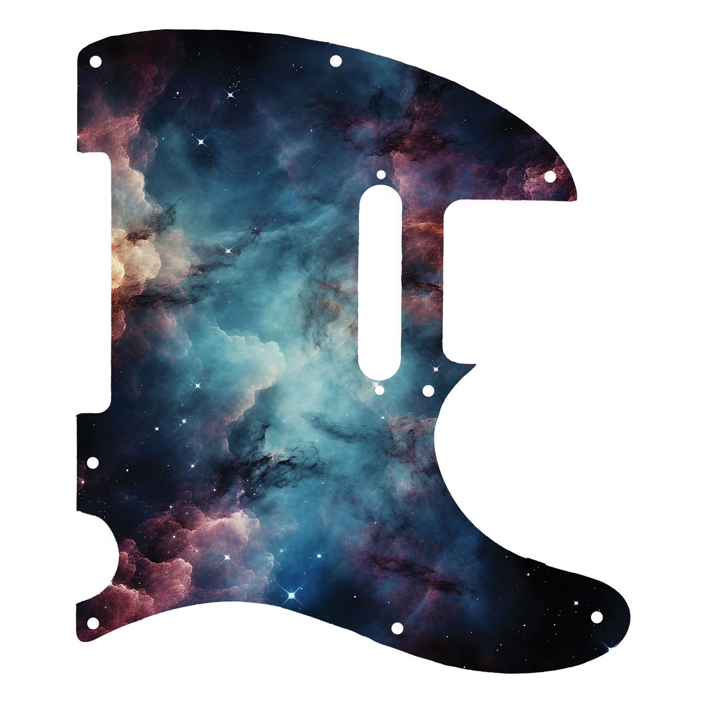 Egyedi Fender Telecaster gitár koptató kék és bordó galaxis mintázattal, kavargó ködfelhőkkel és finoman szórt csillagokkal