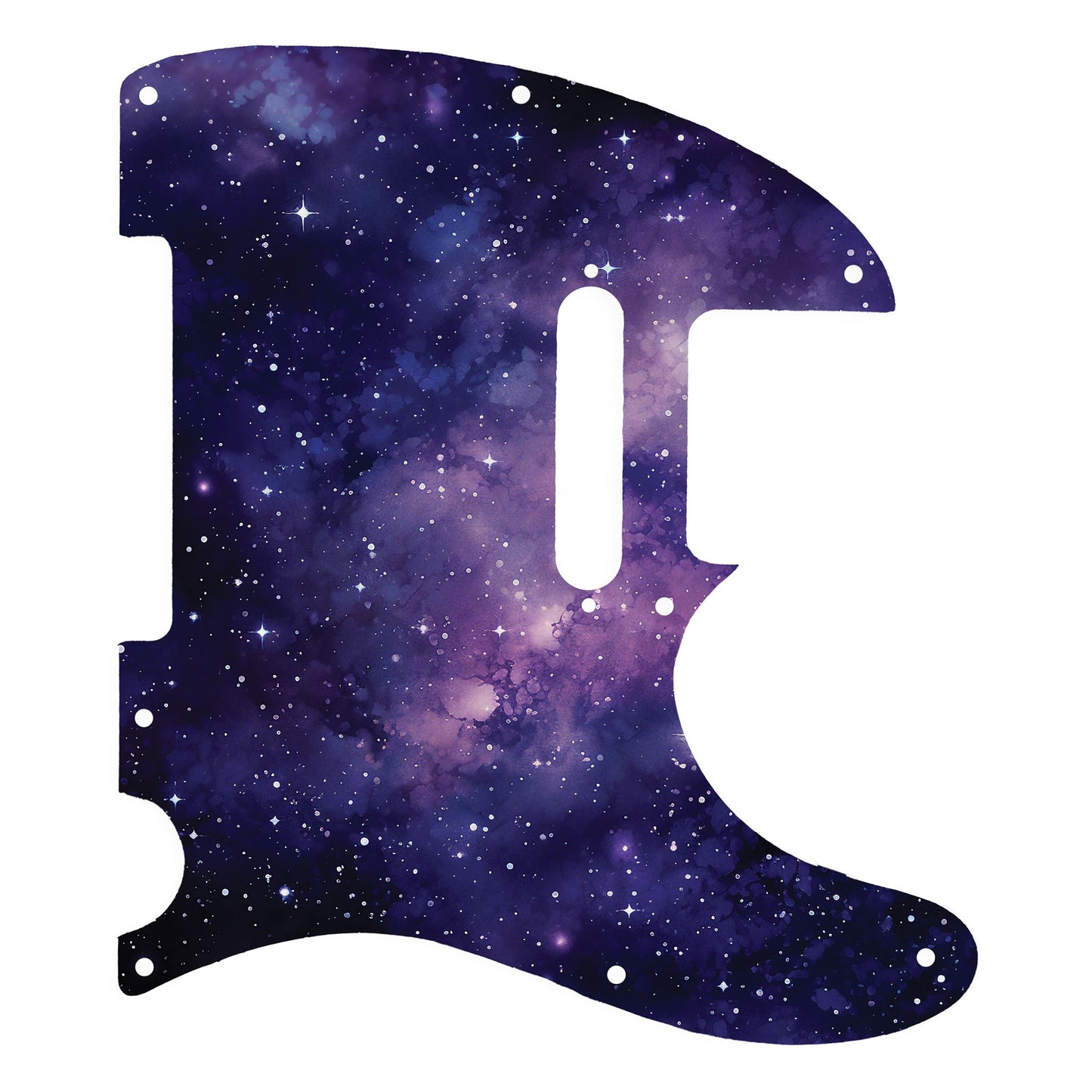 Egyedi Fender Telecaster gitár koptató lila galaxis mintázattal, ragyogó csillagokkal és ködös űrhatással a kozmikus megjelenésért