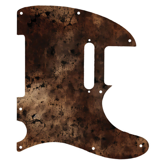 Egyedi Fender Telecaster gitár koptató sötét, repedezett textúrával, barnás-vöröses tónusokkal és égett hatású mintázattal