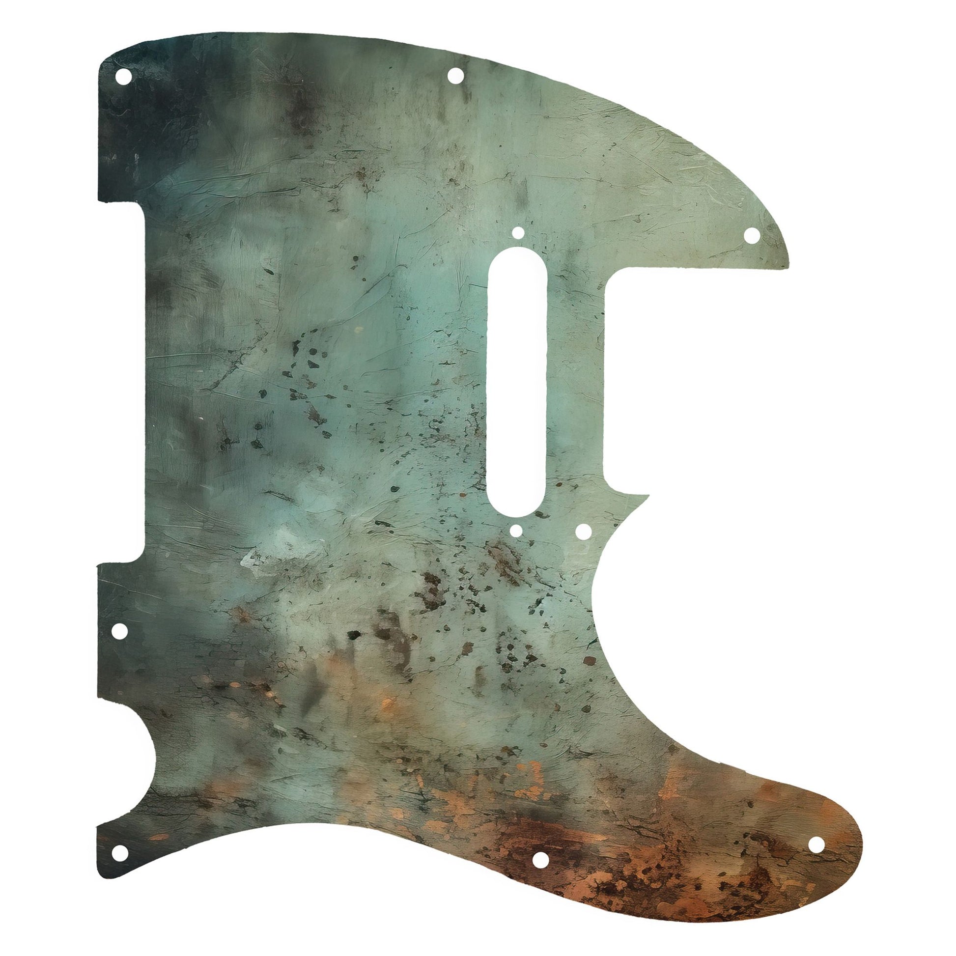 Egyedi Fender Telecaster gitár koptató patinás réz textúrával, oxidált zöldes árnyalatokkal és rusztikus rozsdafoltokkal