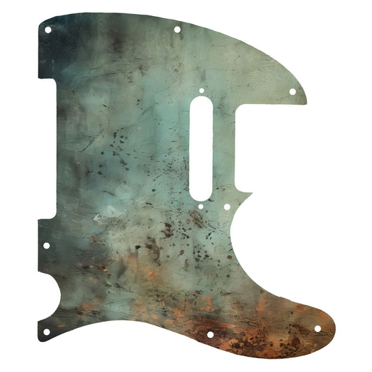 Egyedi Fender Telecaster gitár koptató patinás réz textúrával, oxidált zöldes árnyalatokkal és rusztikus rozsdafoltokkal