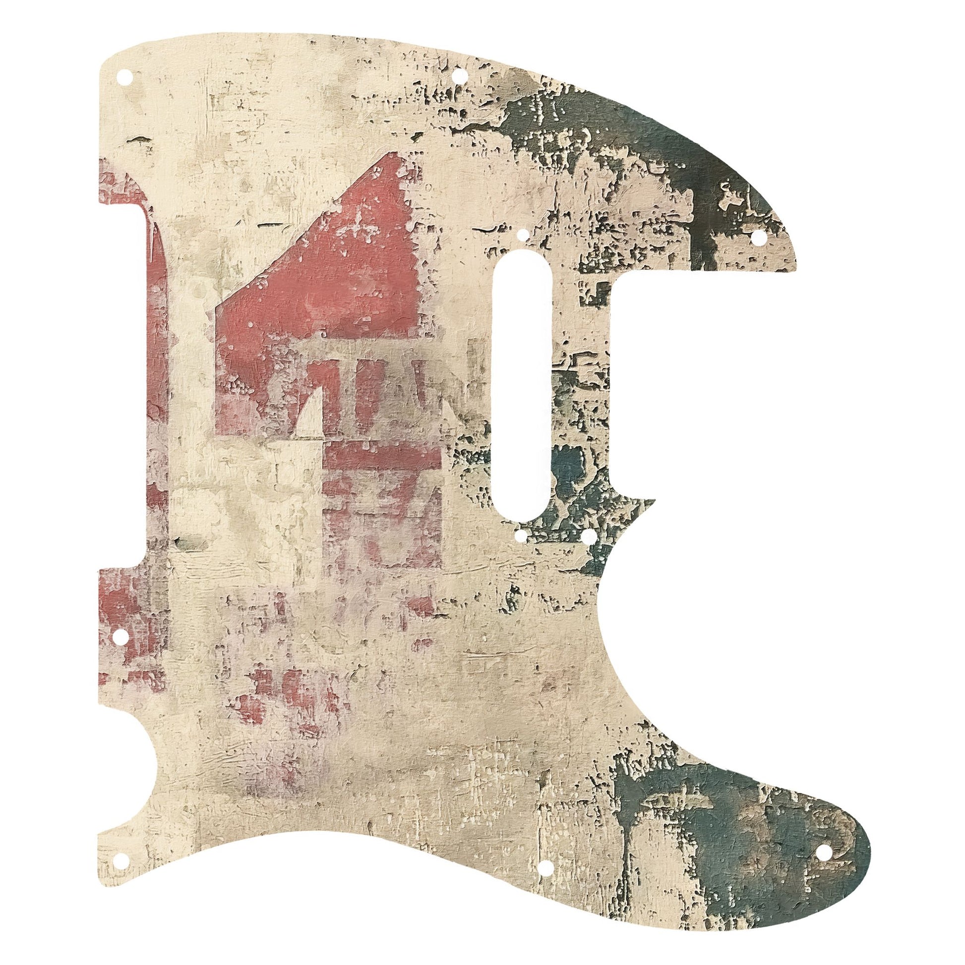 Vintage stílusú Telecaster gitárkoptató kopott számos mintával, egyedi gitárokhoz ideális.