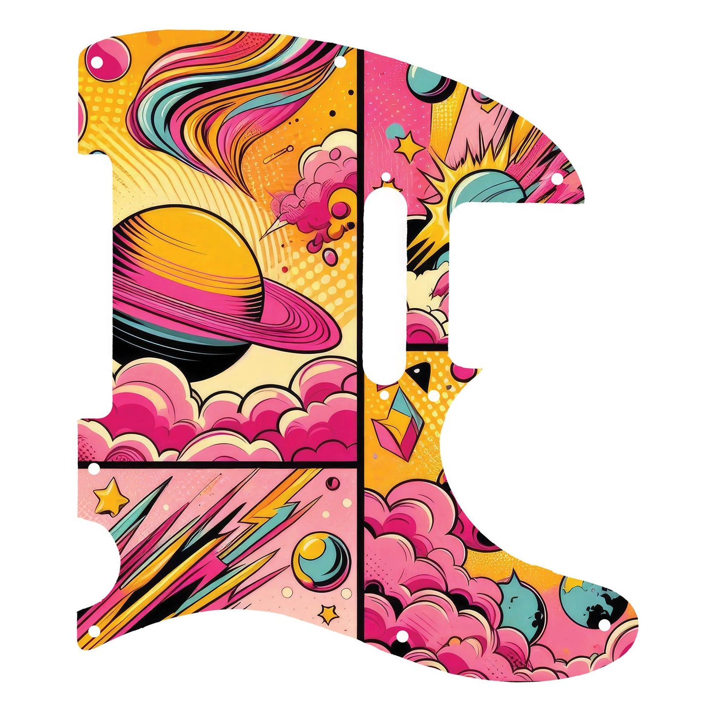 Egyedi Fender Telecaster gitár koptató élénk pop-art stílusban, bolygókkal, csillagokkal és dinamikus rózsaszín-sárga árnyalatokkal