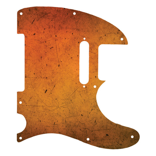 Egyedi Fender Telecaster gitár koptató élénk narancssárga tónusokkal, karcos felületi mintázattal és retró hatású megjelenéssel