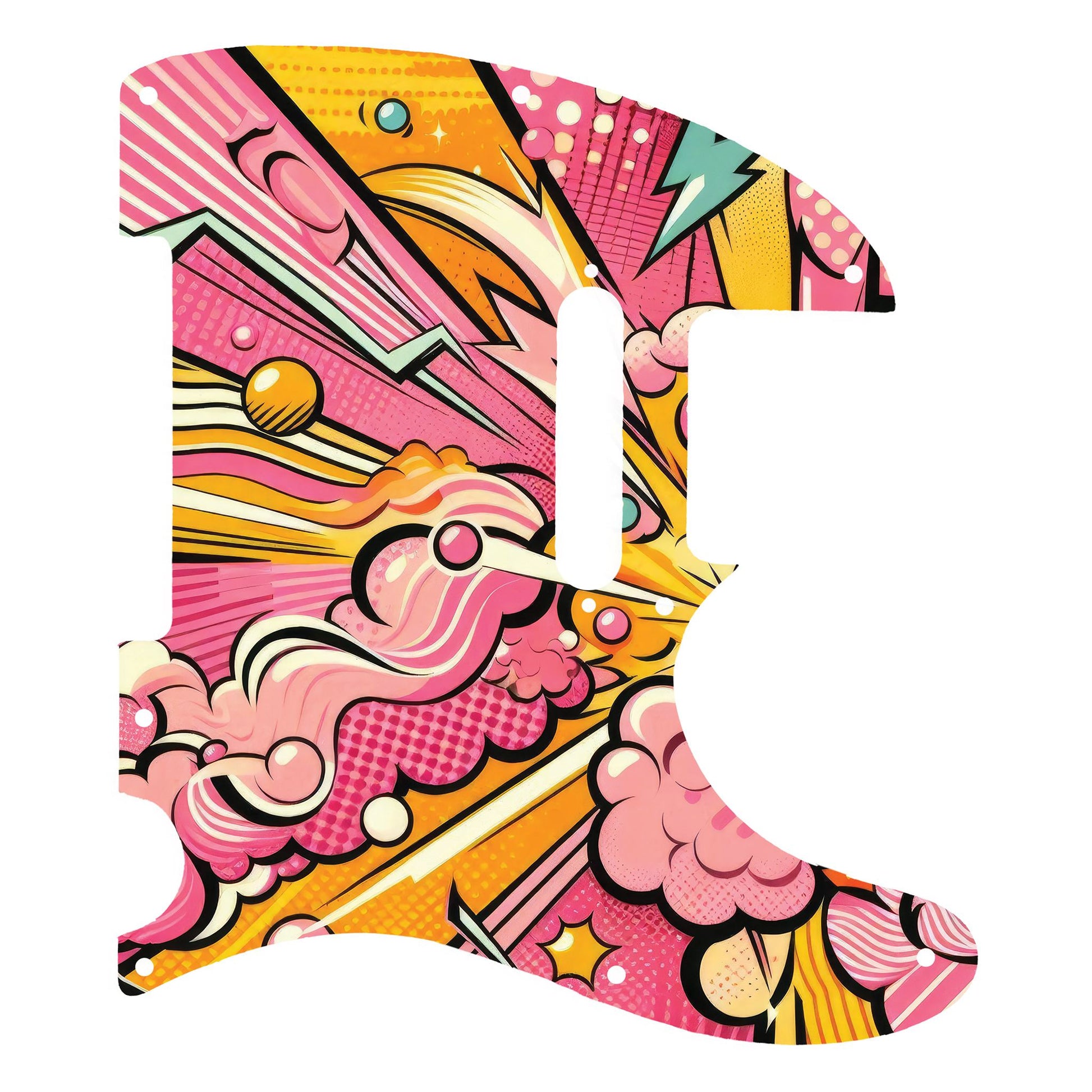 Egyedi Fender Telecaster gitár koptató élénk pop-art stílusban, sárga, rózsaszín és narancs árnyalatokkal, dinamikus mintázattal