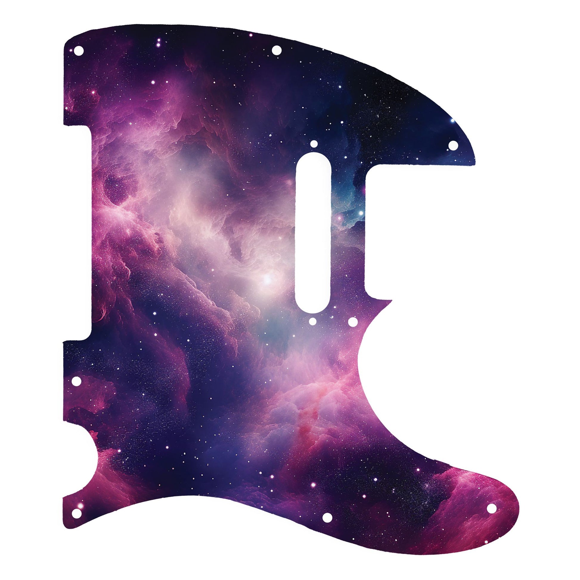 Egyedi Fender Telecaster gitárkoptató látványos galaxis mintázattal, rózsaszínes-lilás ködfelhőkkel és csillagokkal díszített űrhatással