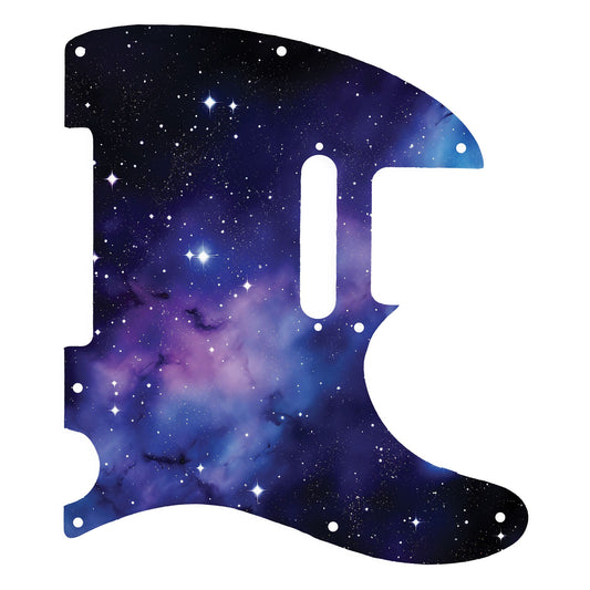 Egyedi Fender Telecaster gitár koptató lila-kék galaxis mintázattal, ragyogó csillagokkal és ködös űrhatással a kozmikus megjelenésért