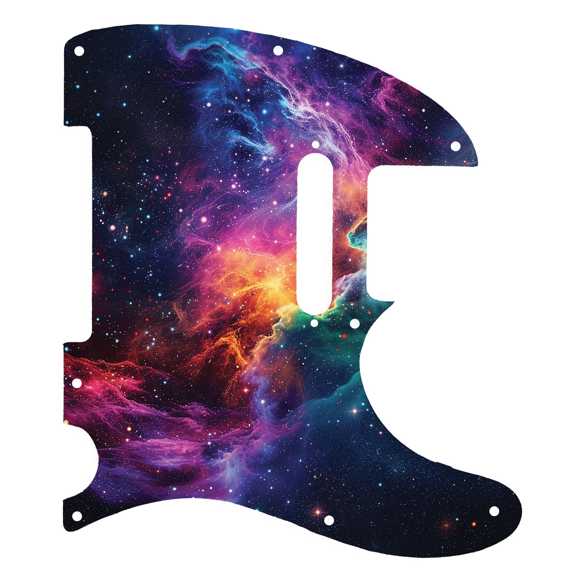 Egyedi Fender Telecaster pickguard élénk galaxis mintázattal, vibráló lila, narancs és kék ködfelhőkkel és ragyogó csillagokkal