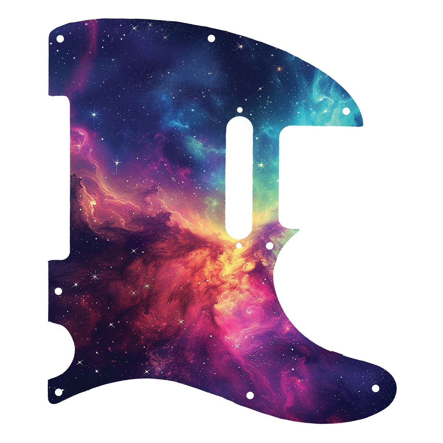 Egyedi Fender Telecaster gitár koptató vibráló galaxis mintázattal, élénk rózsaszín, narancs és kék ködfelhőkkel és csillagokkal