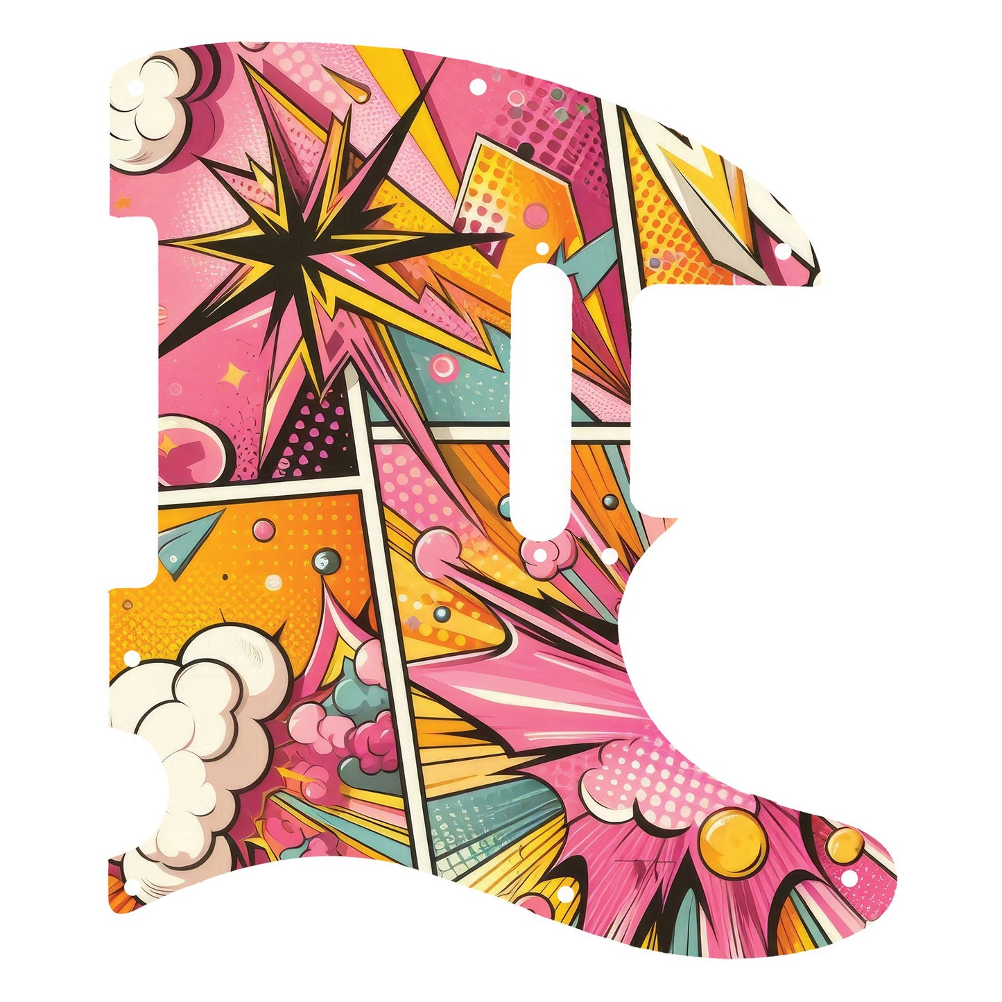 Egyedi Fender Telecaster gitár koptató élénk pop-art mintázattal, vibráló rózsaszín, sárga és narancs árnyalatokkal