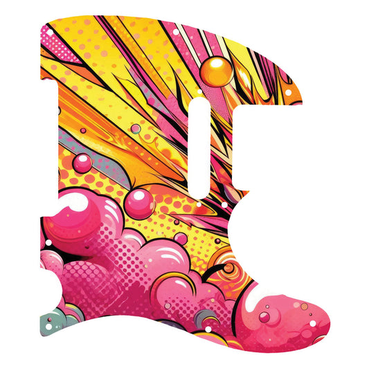 Egyedi Fender Telecaster gitár koptató élénk pop-art dizájnnal, sárga, rózsaszín és narancs színek dinamikus mintázatával