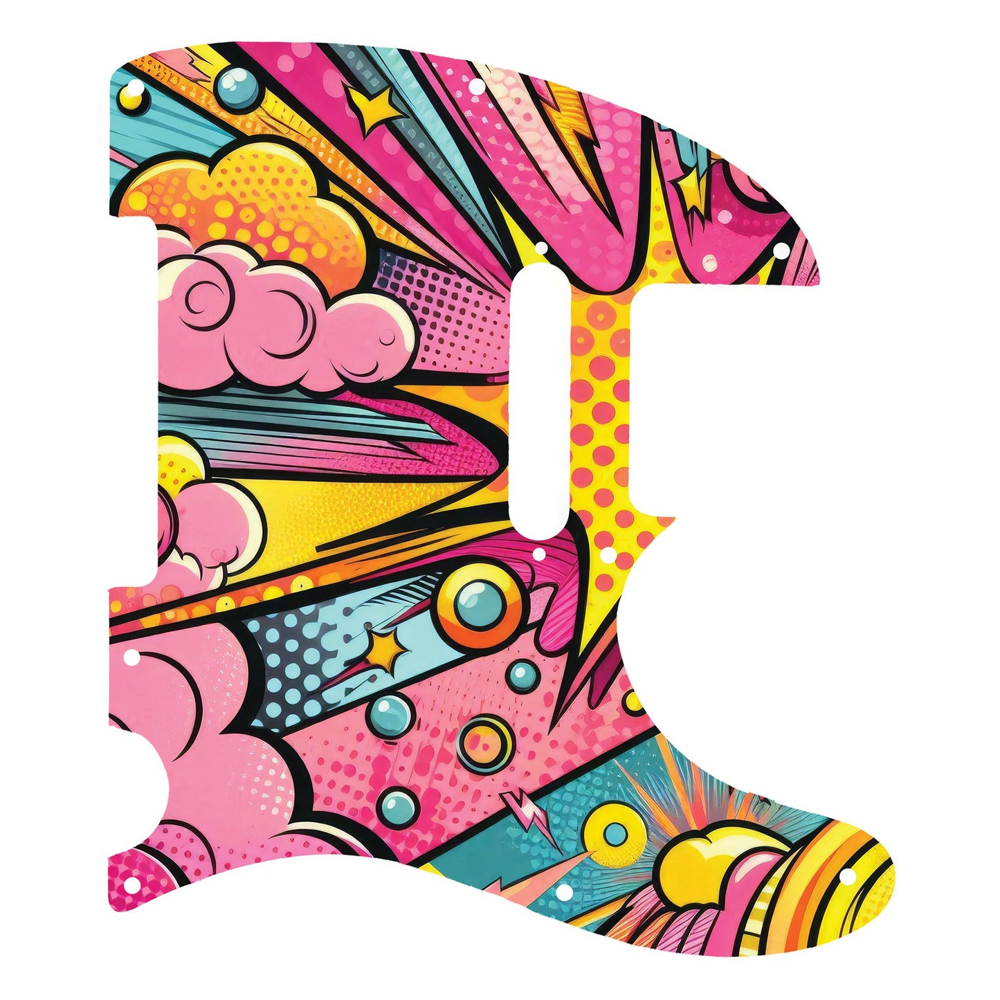 Egyedi Fender Telecaster gitár koptató élénk pop-art dizájnnal, sárga, rózsaszín és kék árnyalatokkal, dinamikus mintázattal