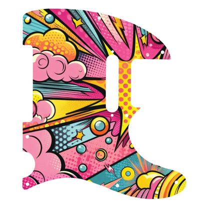 Egyedi Fender Telecaster gitár koptató élénk pop-art dizájnnal, sárga, rózsaszín és kék árnyalatokkal, dinamikus mintázattal