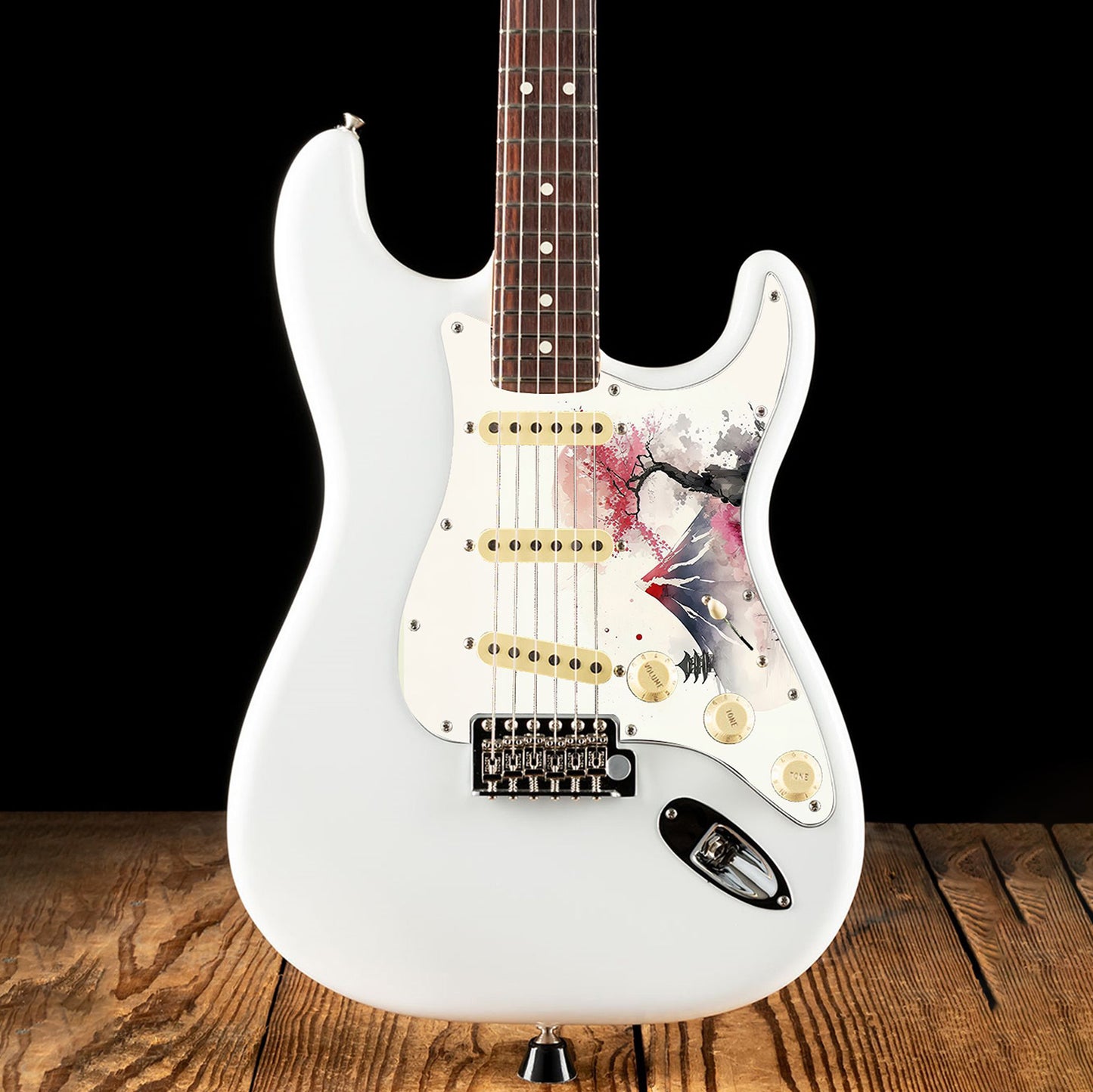 Egyedi Fender Stratocaster gitár koptató hófödte hegycsúccsal, cseresznyevirágzó fákkal és pagodával a ködös tájban