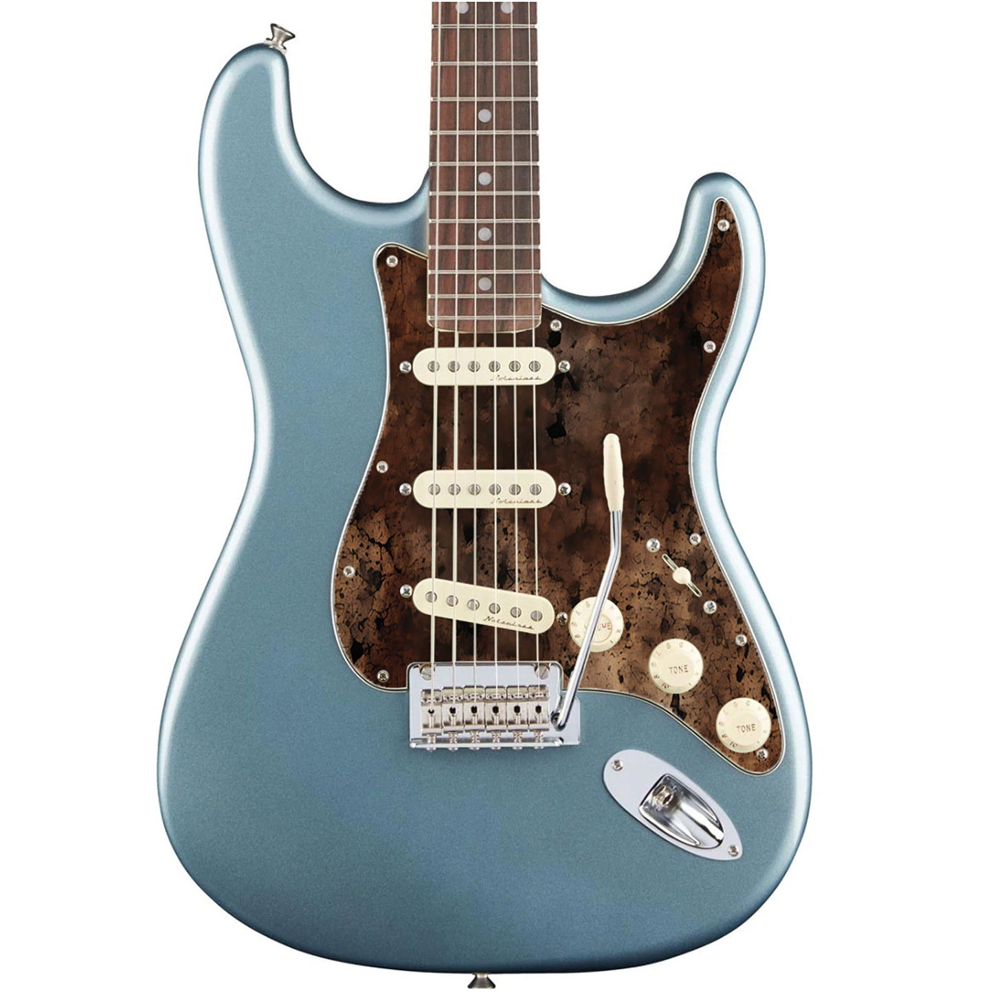 Egyedi Fender Stratocaster gitár koptató sötét, repedezett textúrával, barnás-vöröses tónusokkal és égett hatású mintázattal