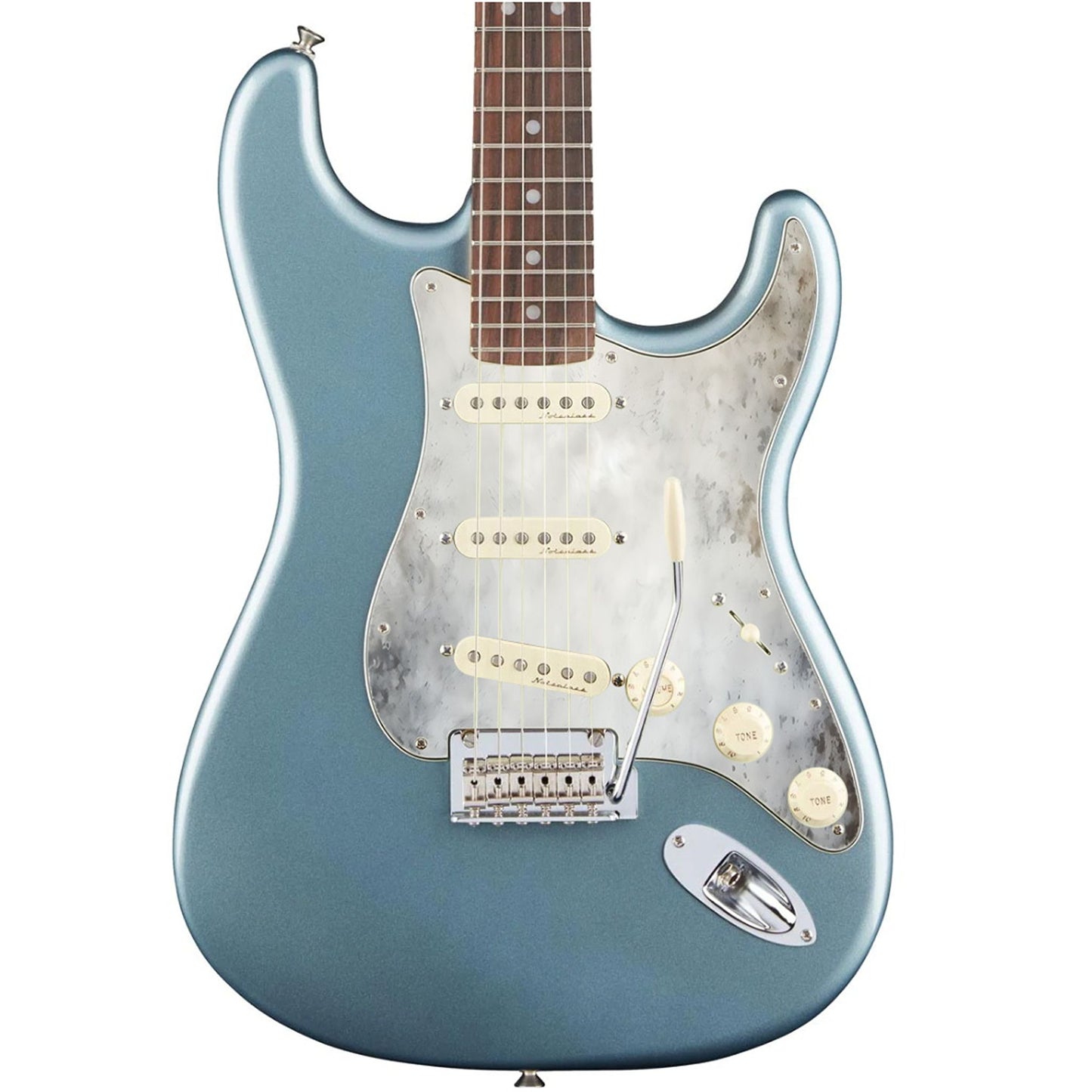 Egyedi Fender Stratocaster gitár koptató matt szürke felülettel, finom füstös textúrával és enyhe oxidált foltokkal