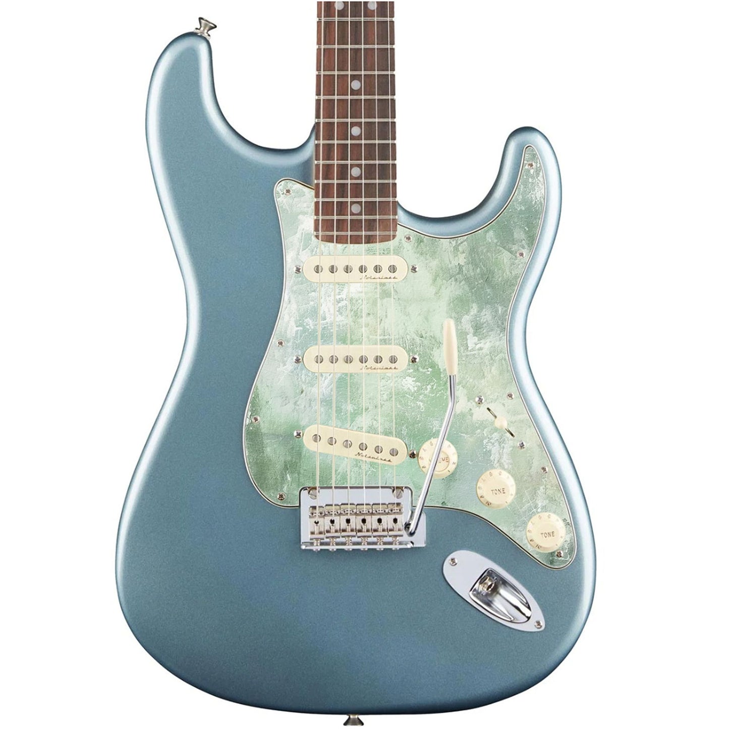 Egyedi Stratocaster gitár koptató zöldes-fehér árnyalatokkal, kopottas, festői dizájnnal díszítve