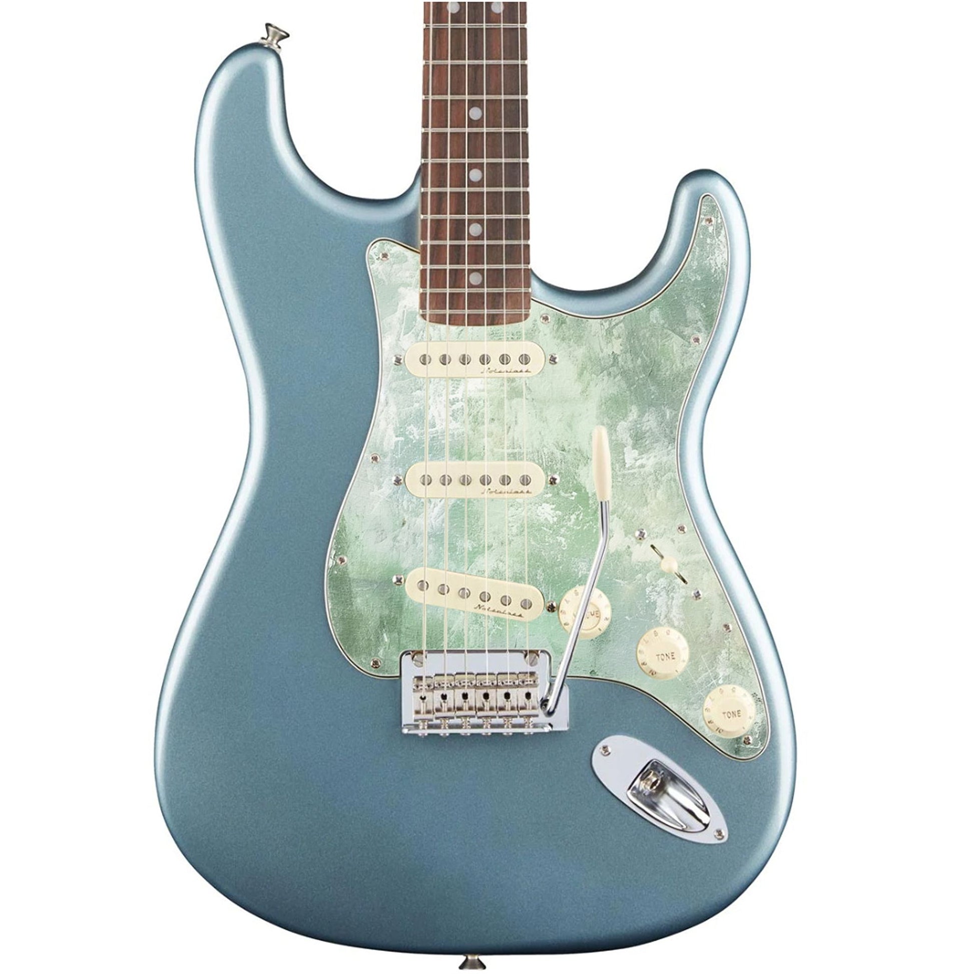 Egyedi Stratocaster gitár koptató zöldes-fehér árnyalatokkal, kopottas, festői dizájnnal díszítve