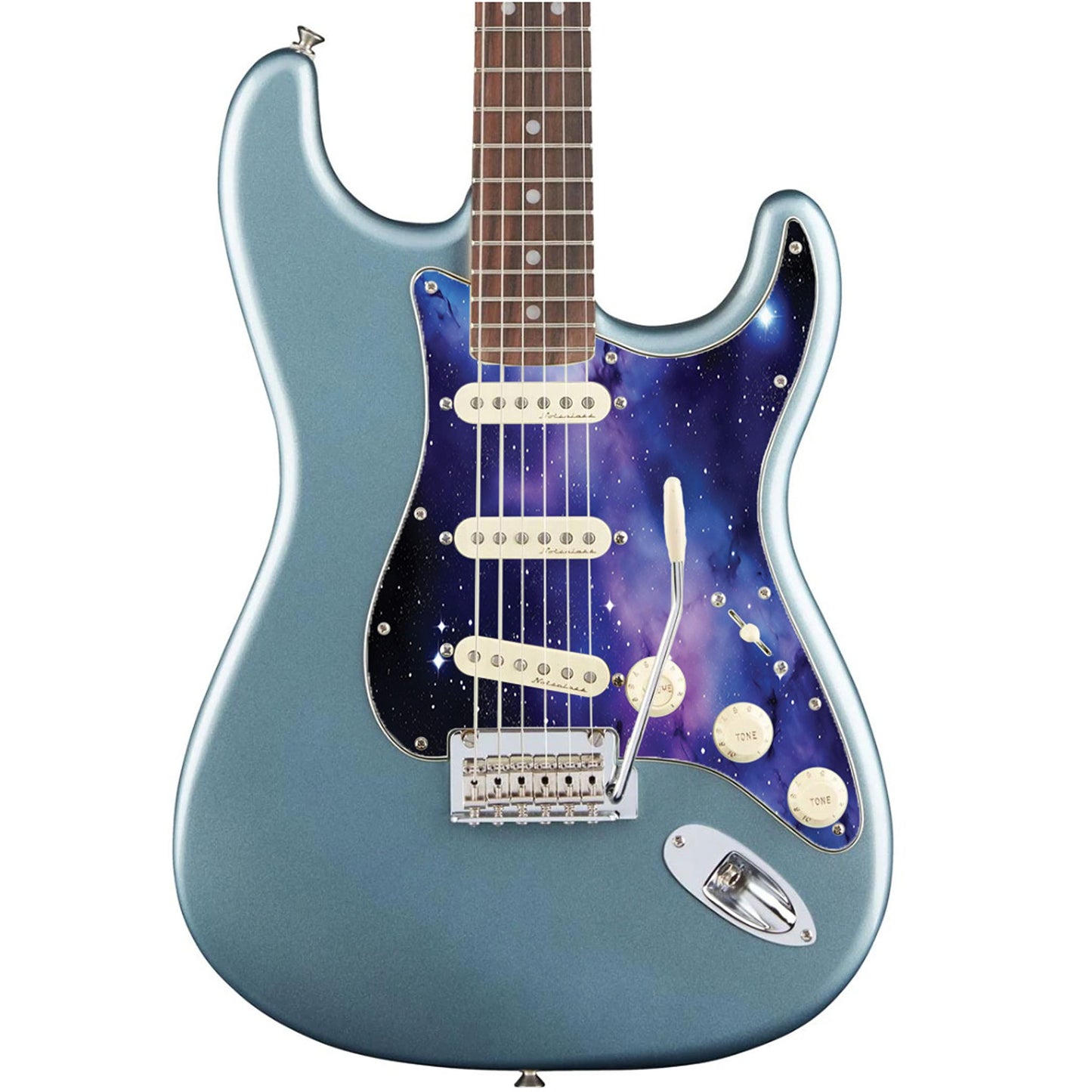 Egyedi Fender Stratocaster gitár koptató lila-kék galaxis mintázattal, ragyogó csillagokkal és ködös űrhatással a kozmikus megjelenésért