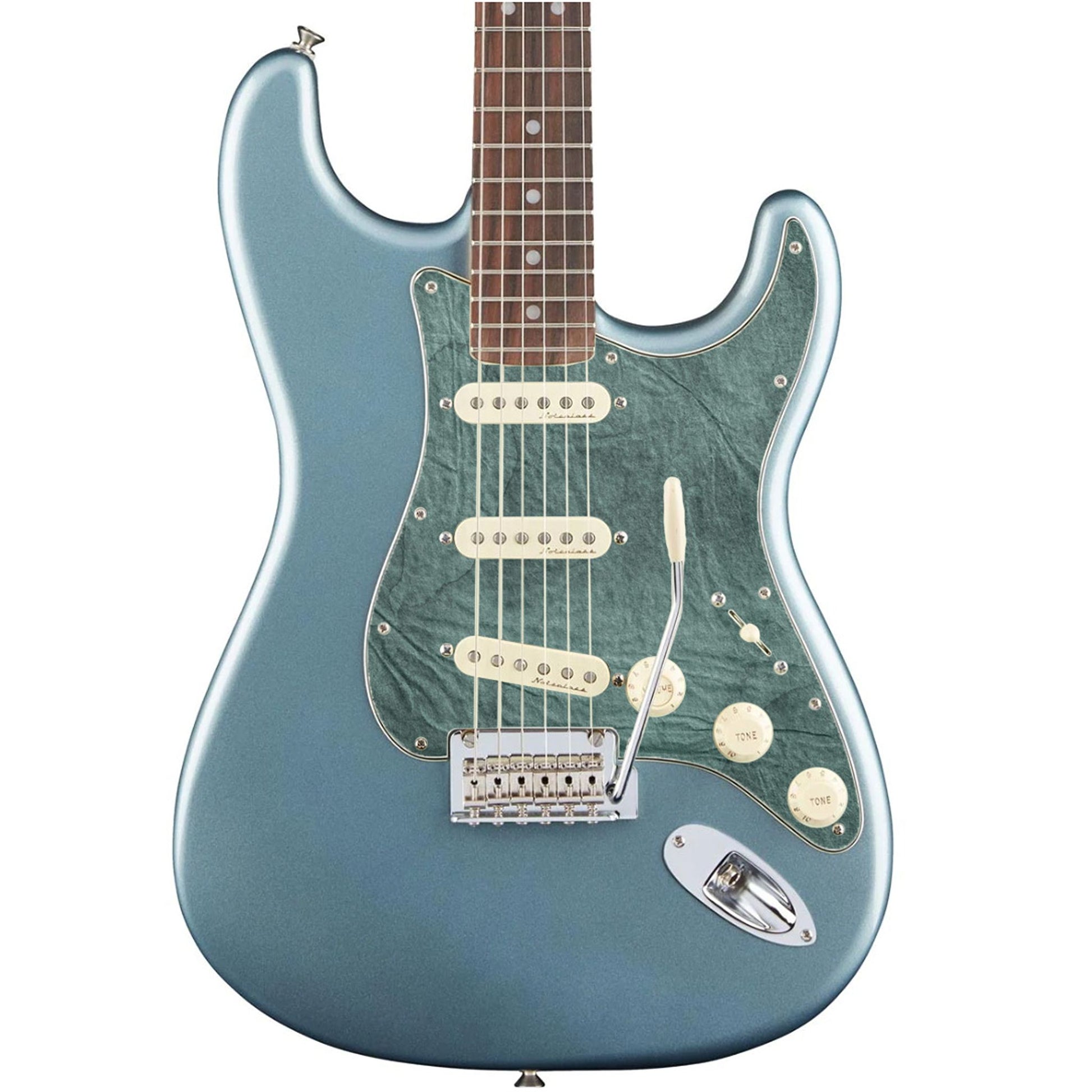 Egyedi Fender Stratocaster gitár koptató, sötét türkiz tónusban, enyhén strukturált és matt felülettel