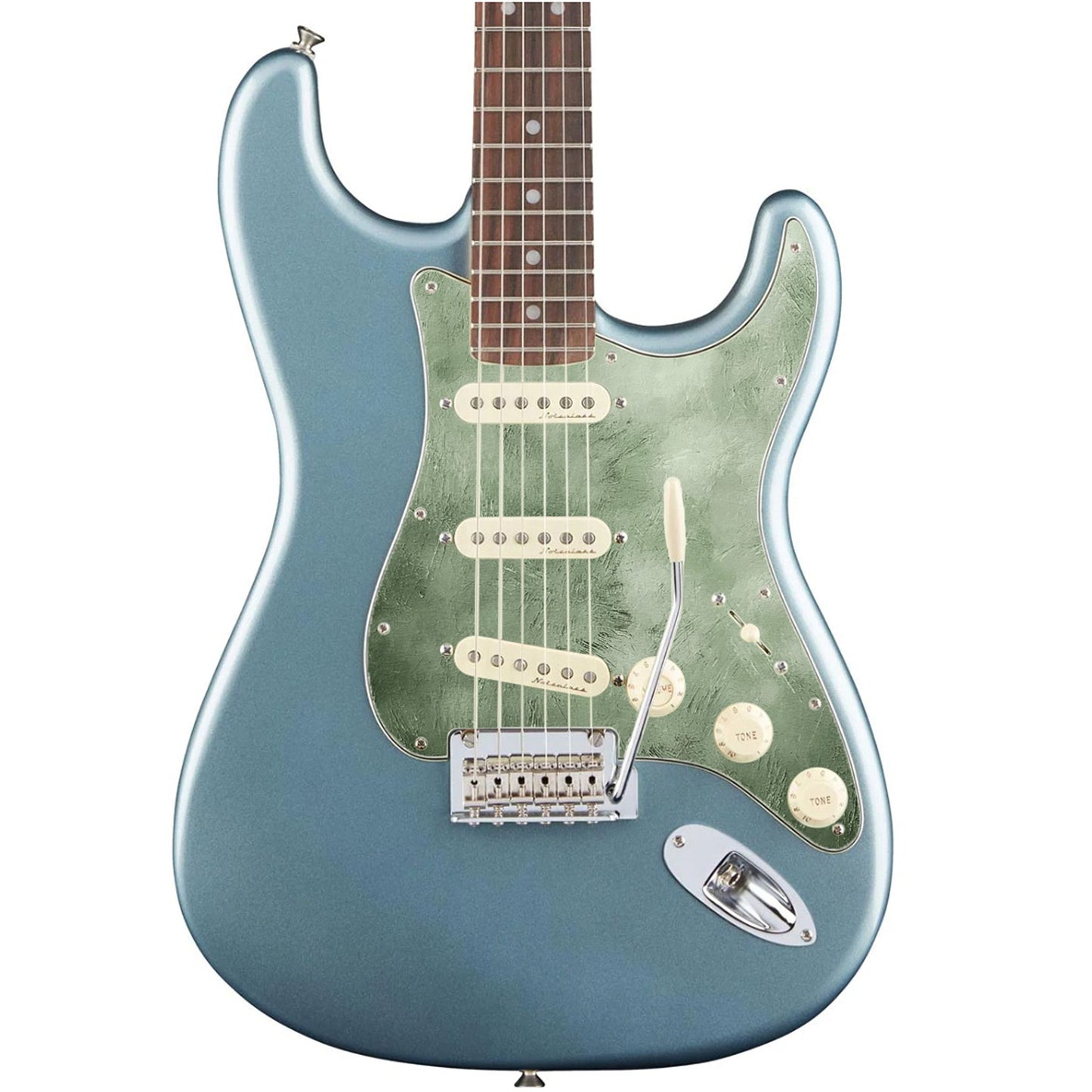 Egyedi Stratocaster gitár koptató halványzöld, ecsetnyomokat idéző mintázattal, letisztult, antikolt stílussal