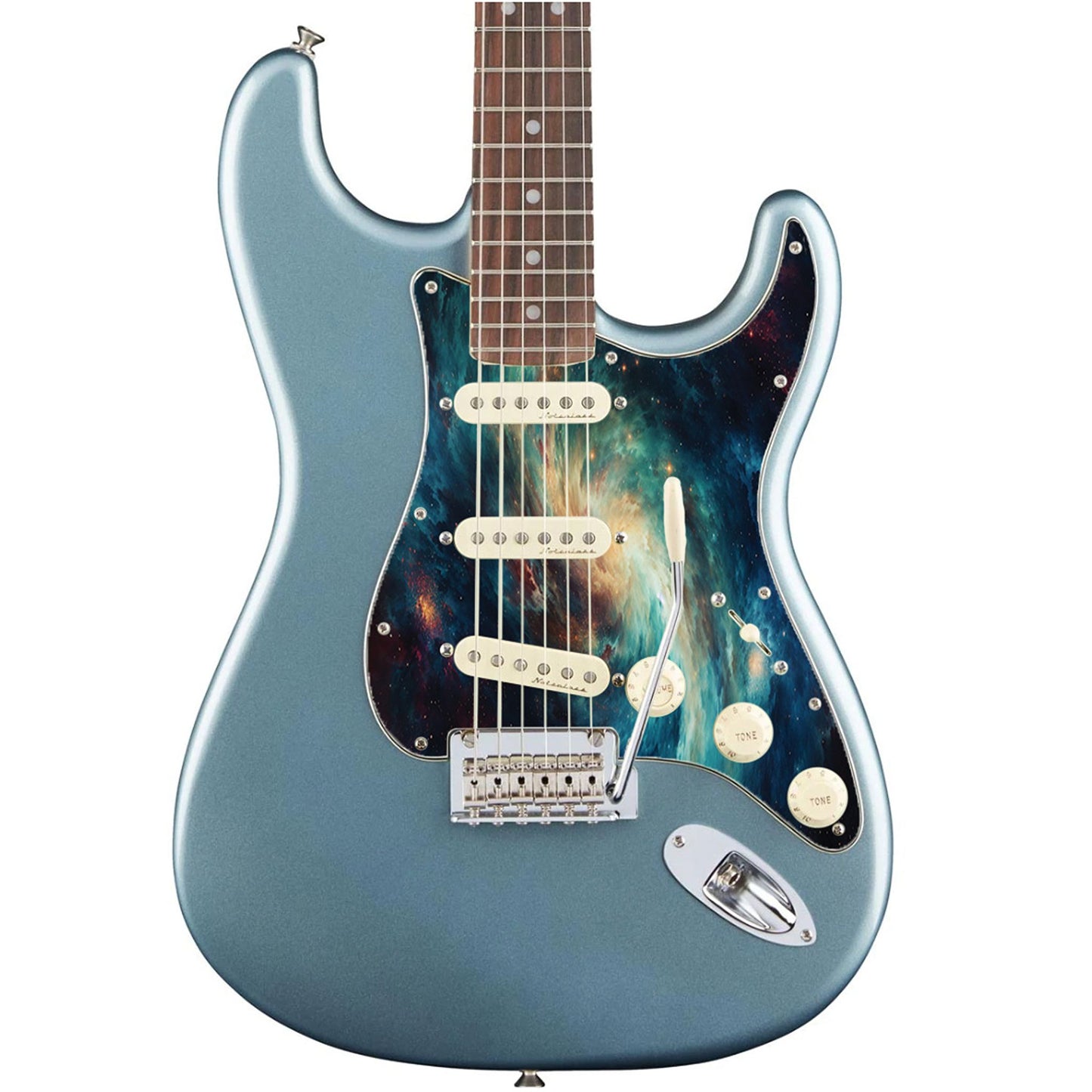 Egyedi Fender Stratocaster gitár koptató örvénylő galaxis mintázattal, mélykék és arany árnyalatokkal, valamint szórtan ragyogó csillagokkal