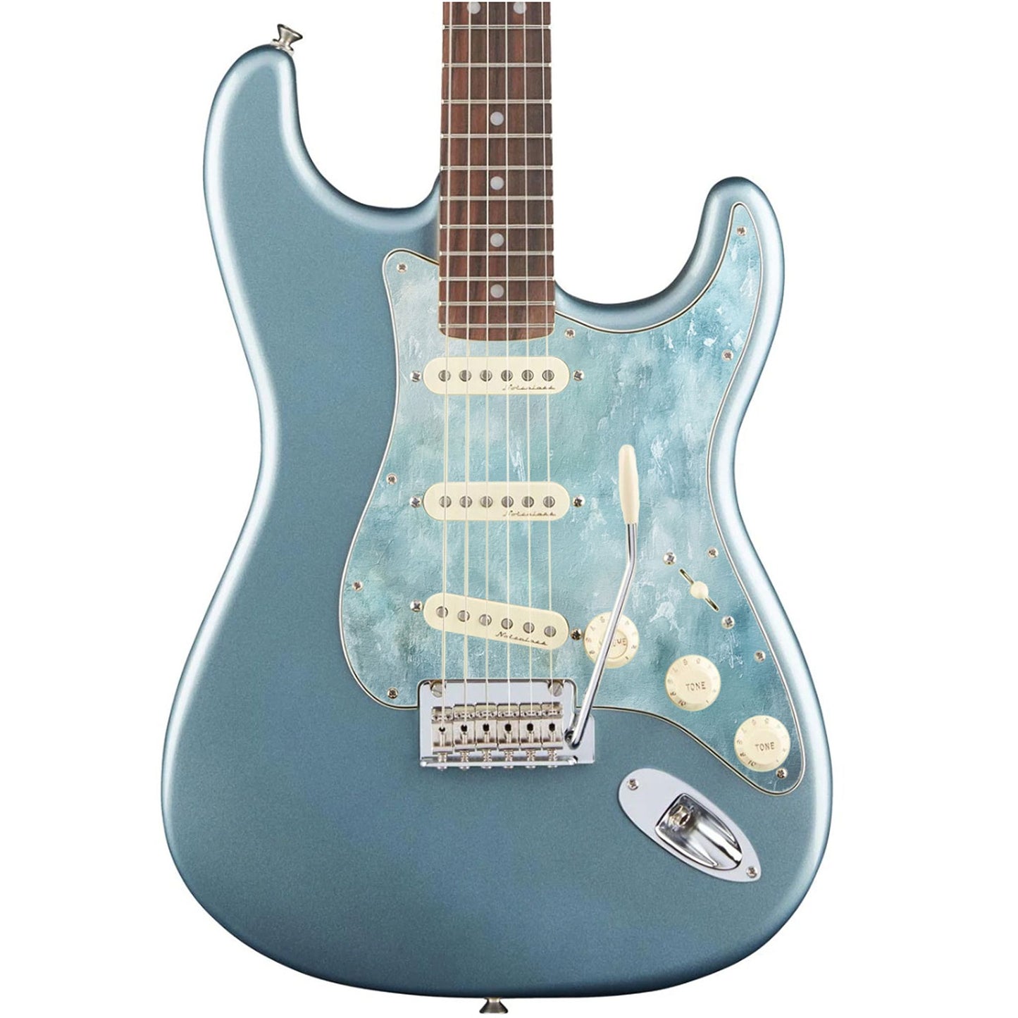 Egyedi Stratocaster gitár koptató vízkék, felhőmintás textúrával, amely friss és légies megjelenést biztosít