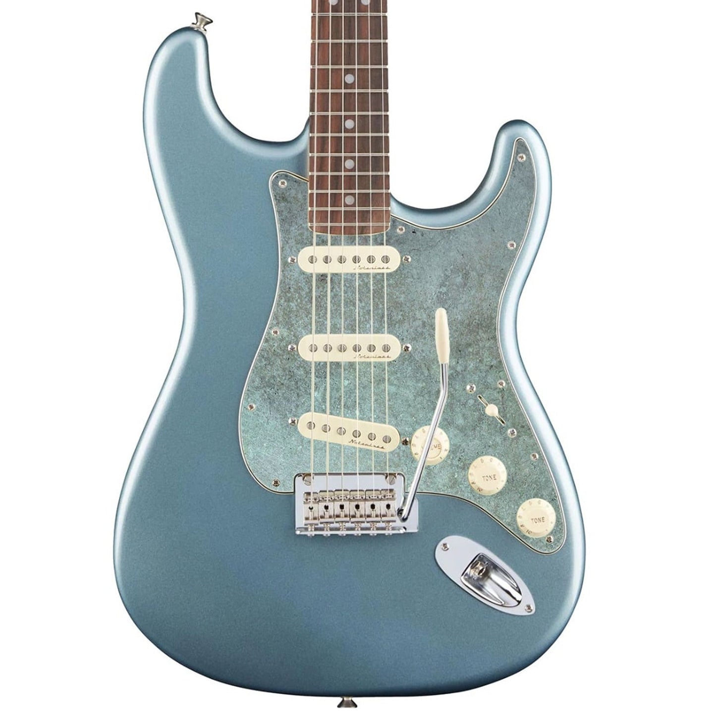 Egyedi Fender Stratocaster gitár koptató, kopottas, patinás megjelenéssel, világoskék és zöld tónusokkal