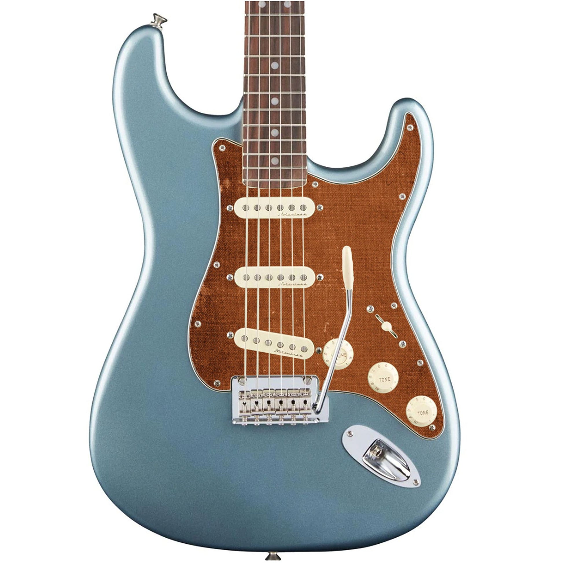 Egyedi Fender Stratocaster gitár koptató meleg barna vászonhatású textúrával, enyhén kopott felülettel és vintage stílusú részletekkel
