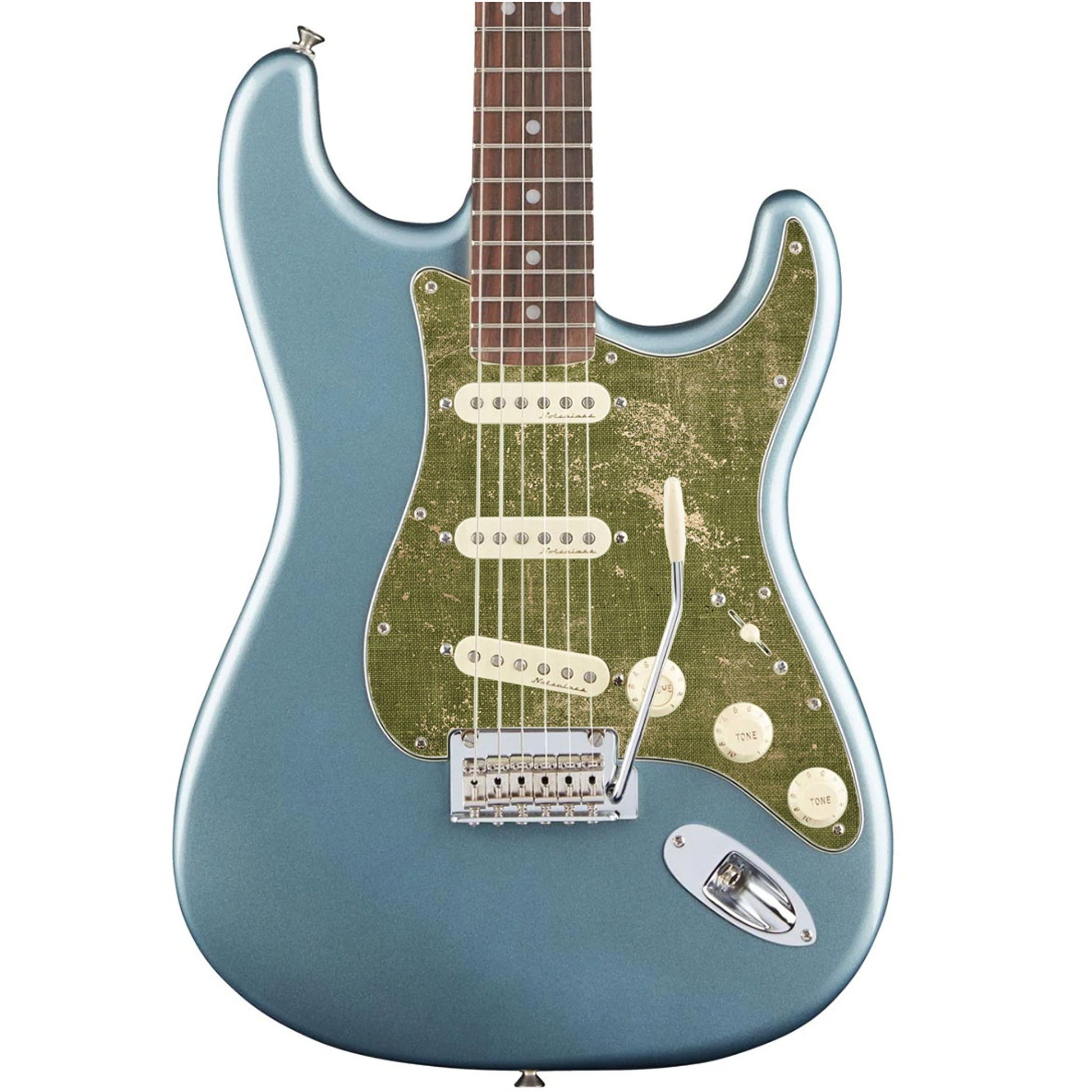 Egyedi Fender Stratocaster gitár koptató matt zöld tónusokkal, enyhén patinás felülettel és rusztikus hatással