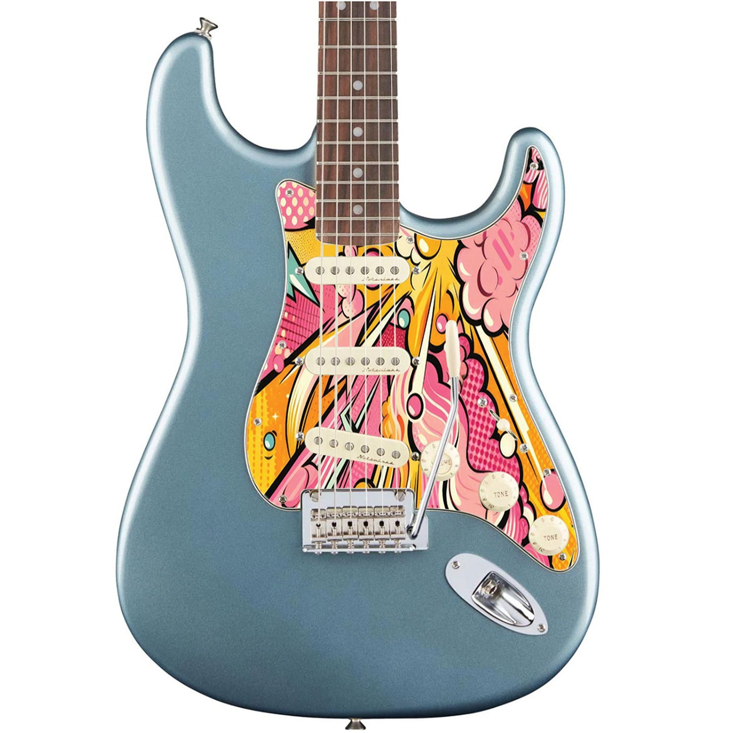 Egyedi Fender Stratocaster gitár koptató képregény ihlette dizájnnal, robbanásszerű formákkal és élénk színekkel