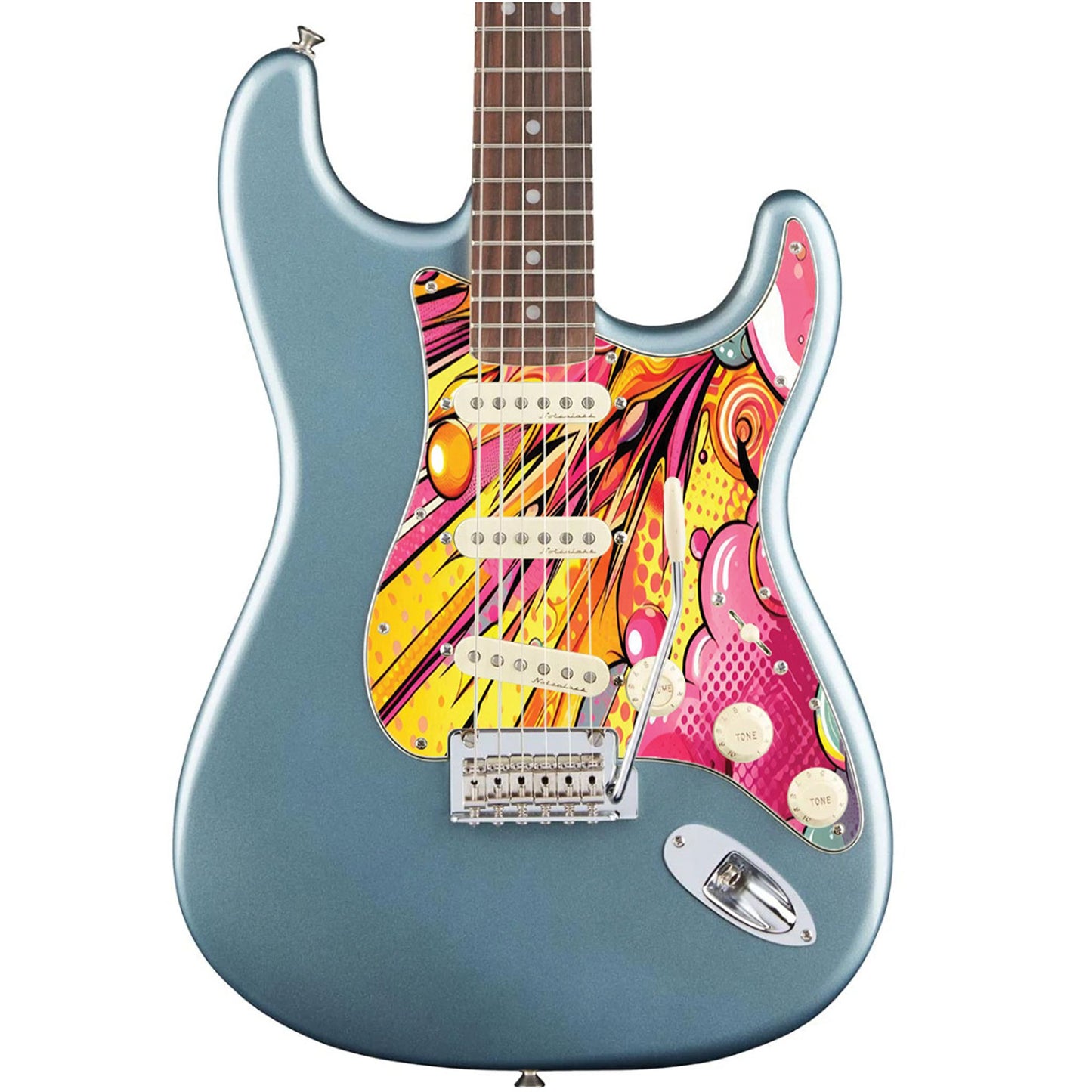 Egyedi Fender Stratocaster gitár koptató képregény ihlette robbanásszerű grafikával, vibráló színekkel és lendületes vonalakkal