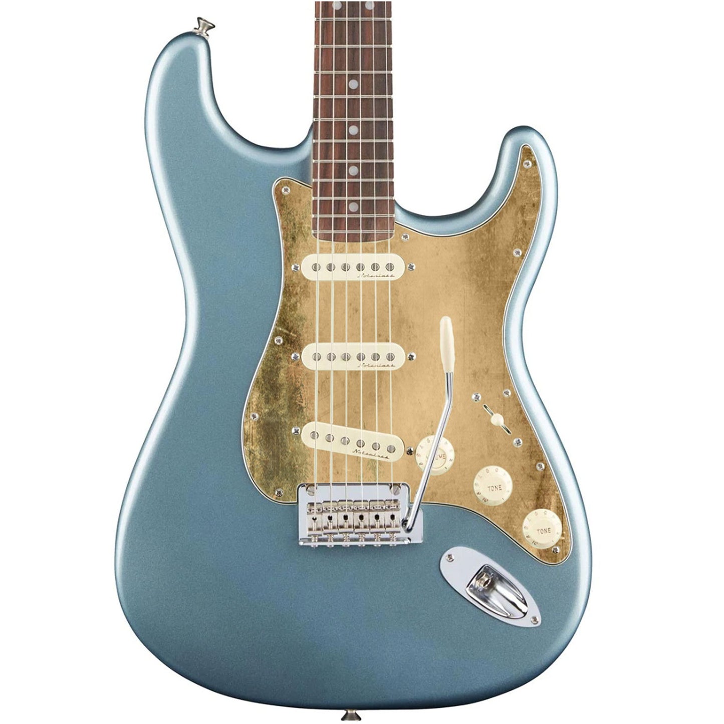 Egyedi Fender Stratocaster gitár koptató kopott arany tónusokkal, zöldes oxidációs mintázattal és matt textúrával