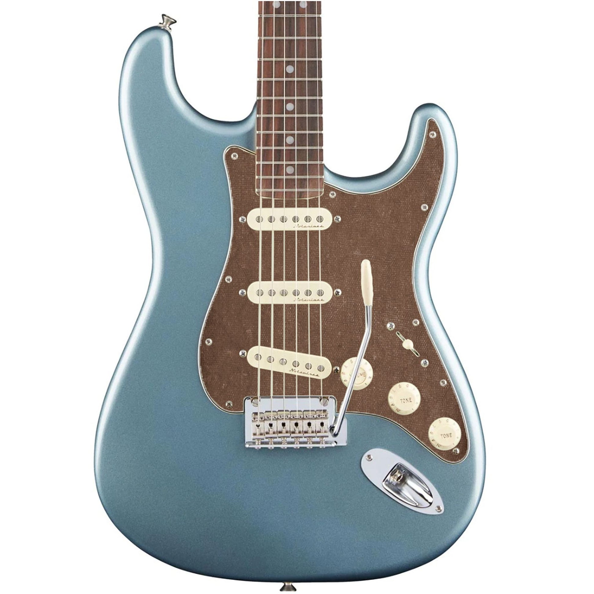 Egyedi Fender Stratocaster gitár koptató sötétszürke vászonhatású textúrával, finom rácsmintázattal és letisztult vintage megjelenéssel