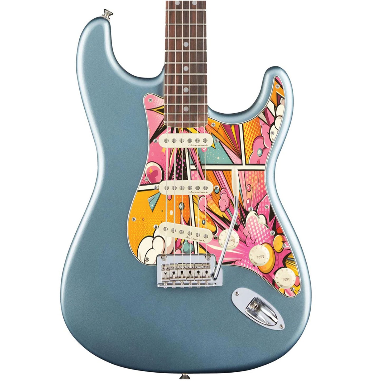 Egyedi Fender Stratocaster gitár koptató színes képregény stílusú grafikával, dinamikus vonalakkal és élénk színekkel