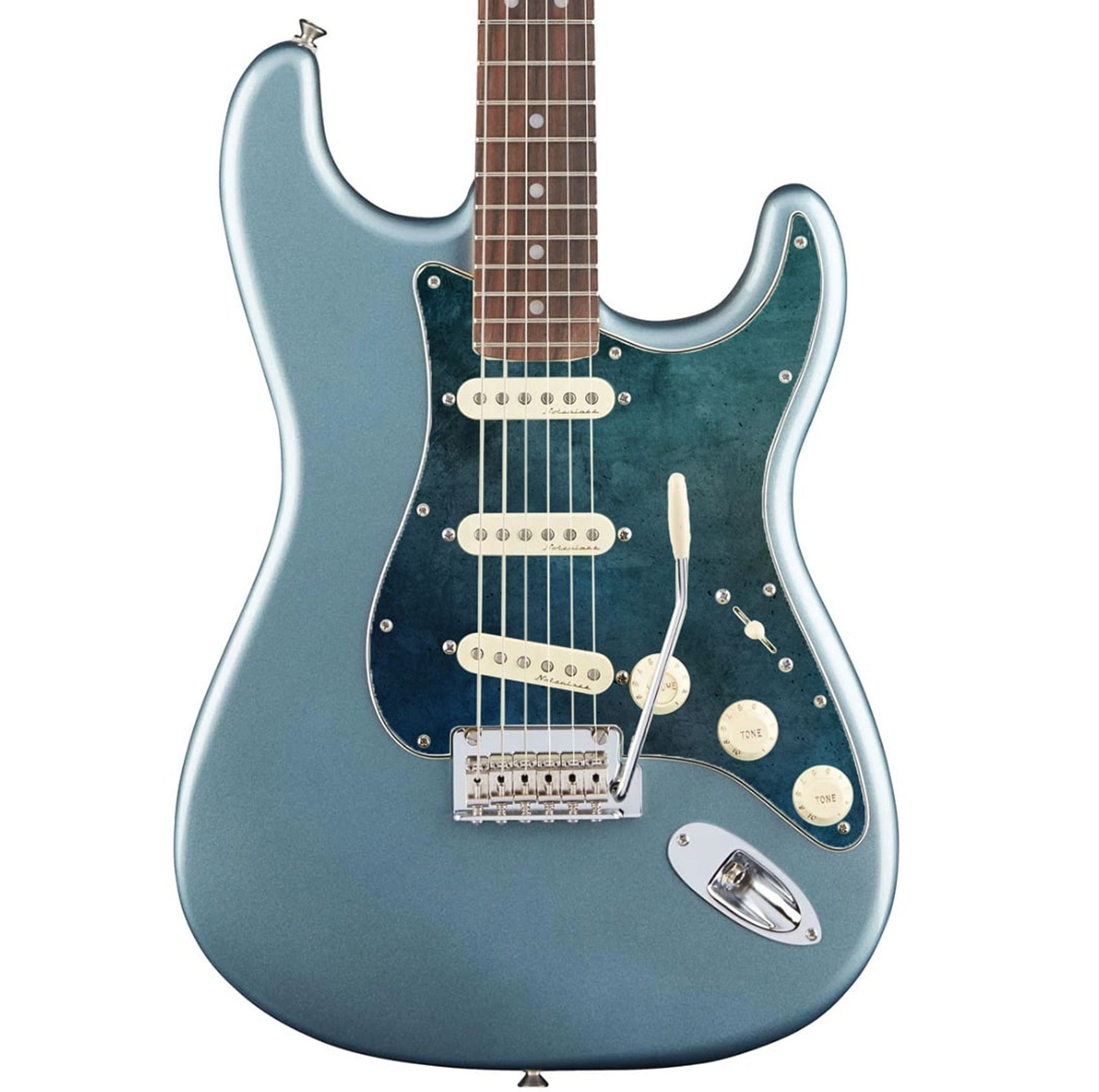 Egyedi Fender Stratocaster gitár koptató, sötétkék tónusokkal, vintage patinás felülettel és karakteres megjelenéssel