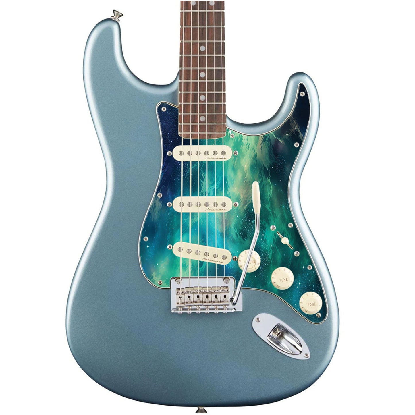 Egyedi Fender Stratocaster gitár koptató élénk zöldes-kék galaxis mintázattal, kavargó ködfelhőkkel és szórtan ragyogó csillagokkal