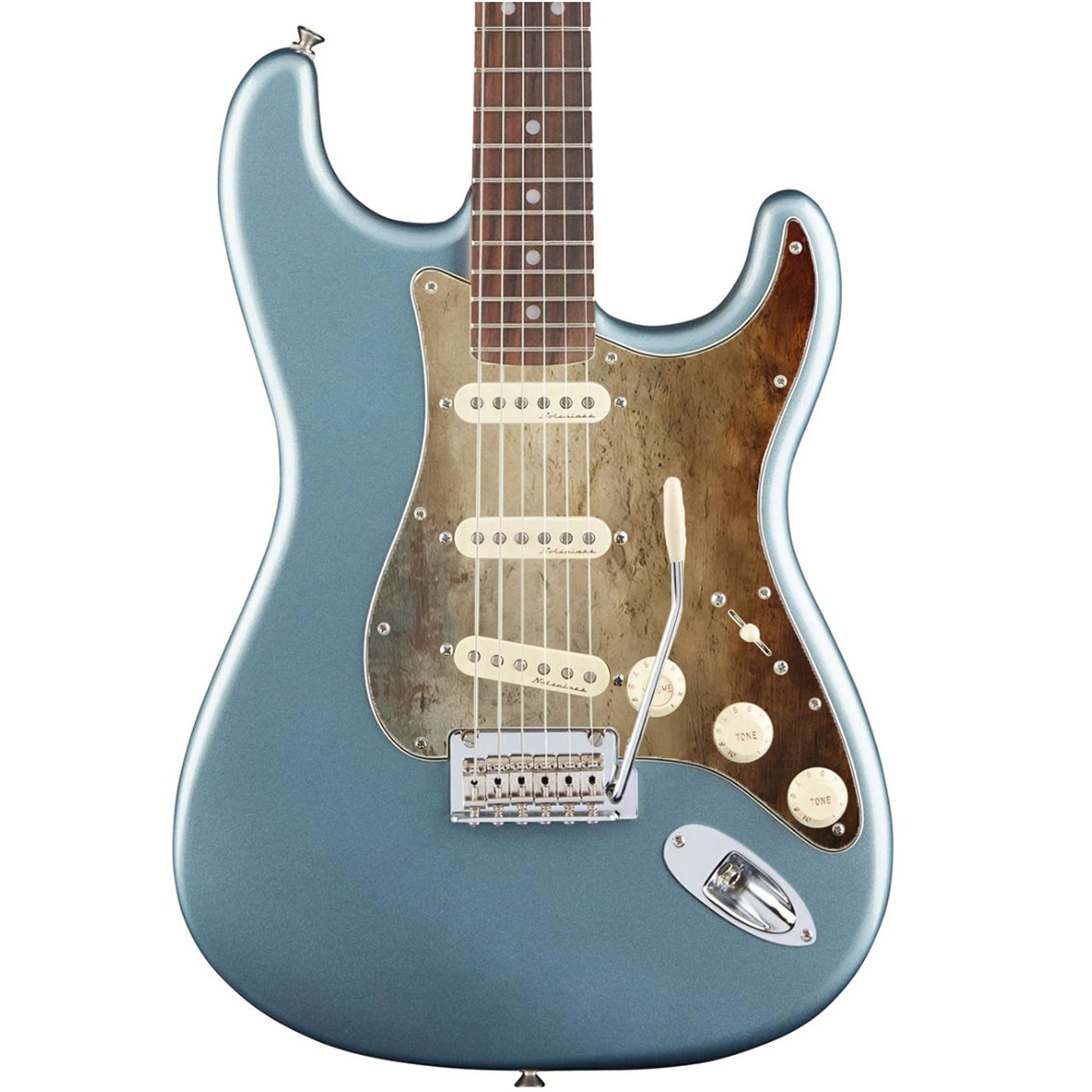 Egyedi Fender Stratocaster gitár koptató antik bronz textúrával, sötét patinás árnyalatokkal és mély rozsdafoltokkal