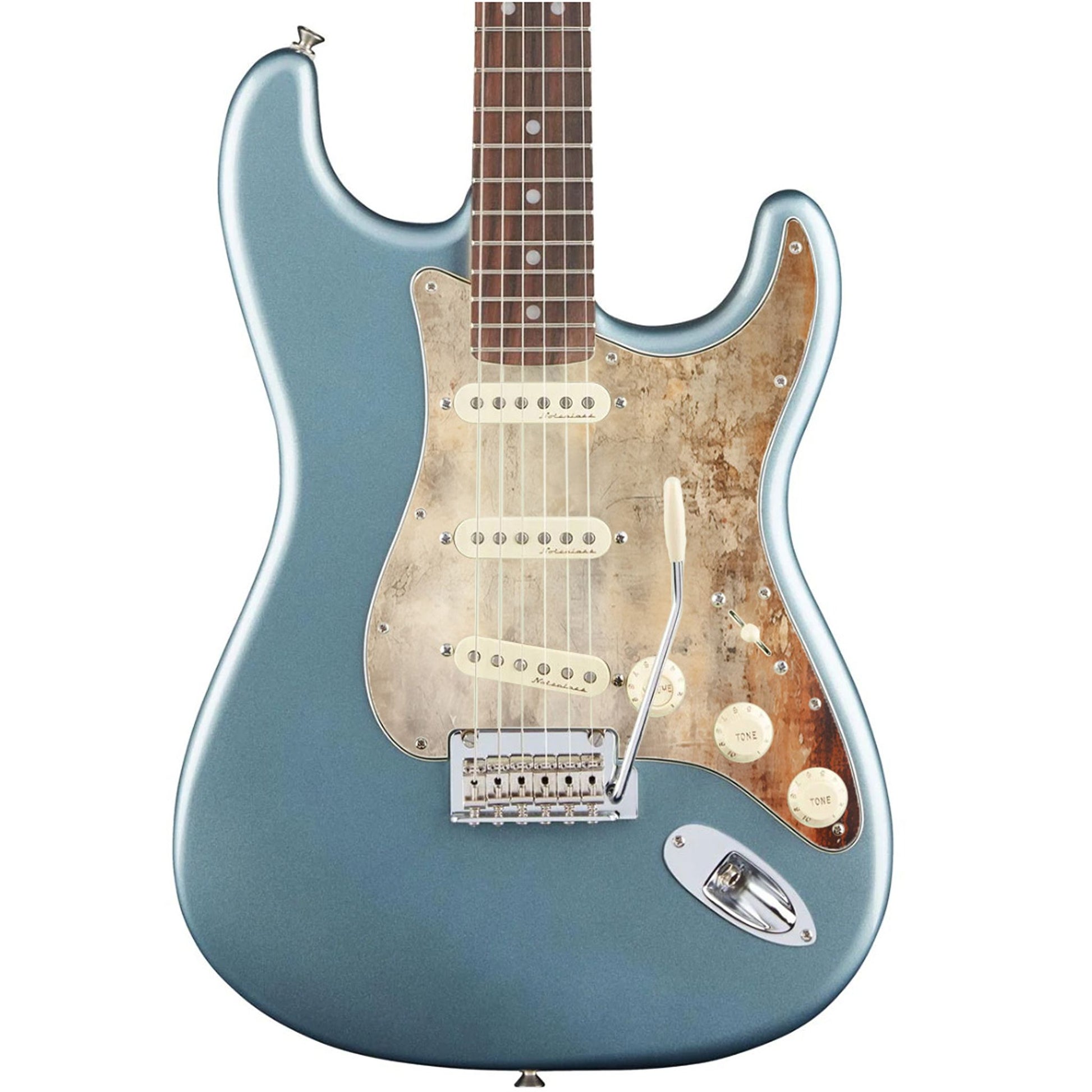 Egyedi Fender Stratocaster gitárkoptató rozsdásodó fémhatással, fakó bézs tónusokkal és mély narancsos oxidált foltokkal