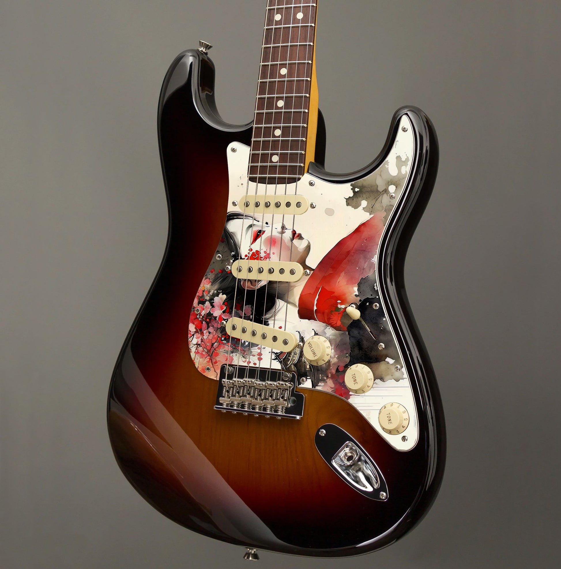 Egyedi Fender Stratocaster gitár koptató piros kimonót viselő japán nő portréjával, virágdíszítéssel és pagodával a háttérben