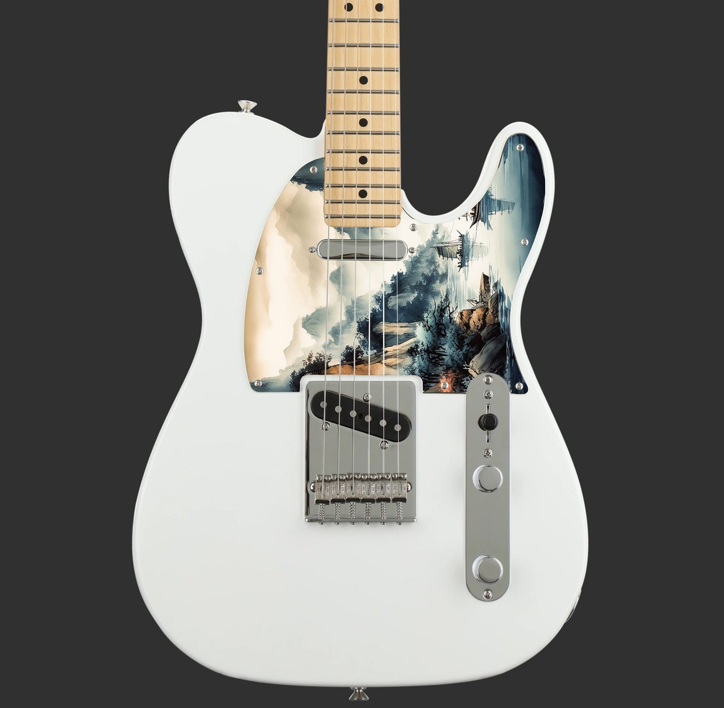 Egyedi Fender Telecaster gitár koptató festői tájképpel, hegyekkel, fákkal és hagyományos vitorlás hajókkal a nyugodt vízen