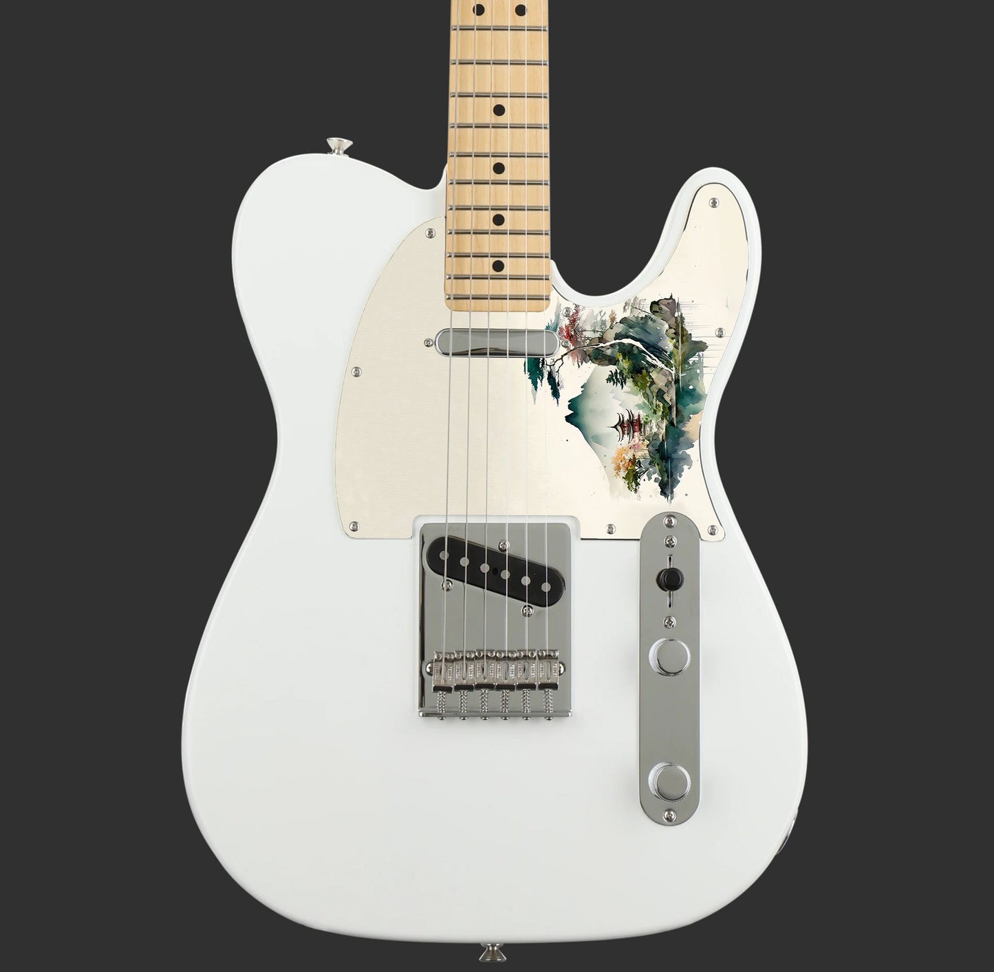 Egyedi Fender Telecaster gitár koptató hegyekkel, tóparti pagodával és színes lombú fákkal a nyugodt tájban