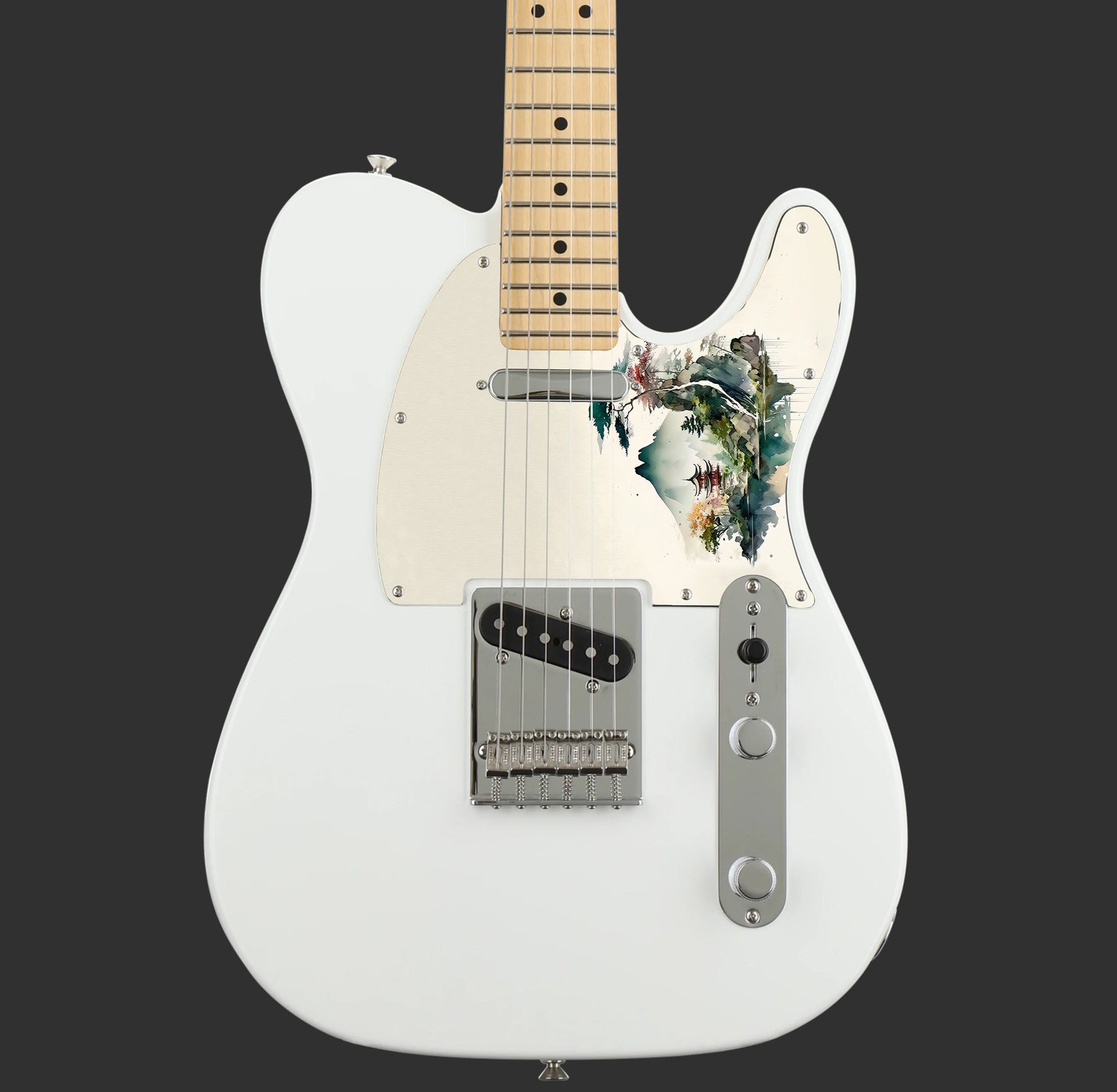 Egyedi Fender Telecaster gitár koptató hegyekkel, tóparti pagodával és színes lombú fákkal a nyugodt tájban